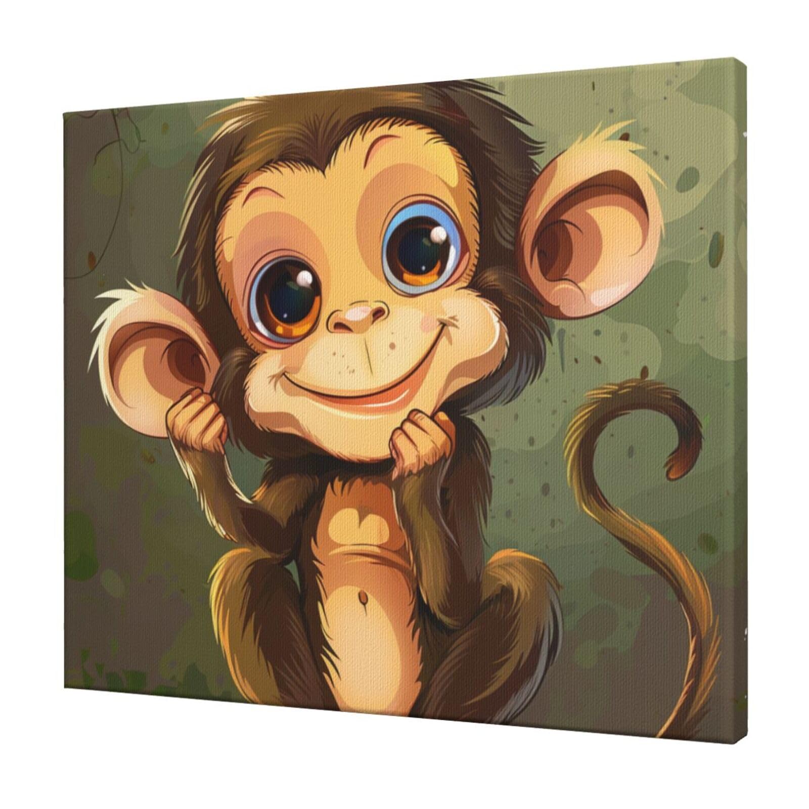 YKLJG Cute Monkey Printed Wall Art Canvas Prints 60x50 CM Wooden Framed Picture Painting Artwork for Bedroom Kitchen Home Office Decor