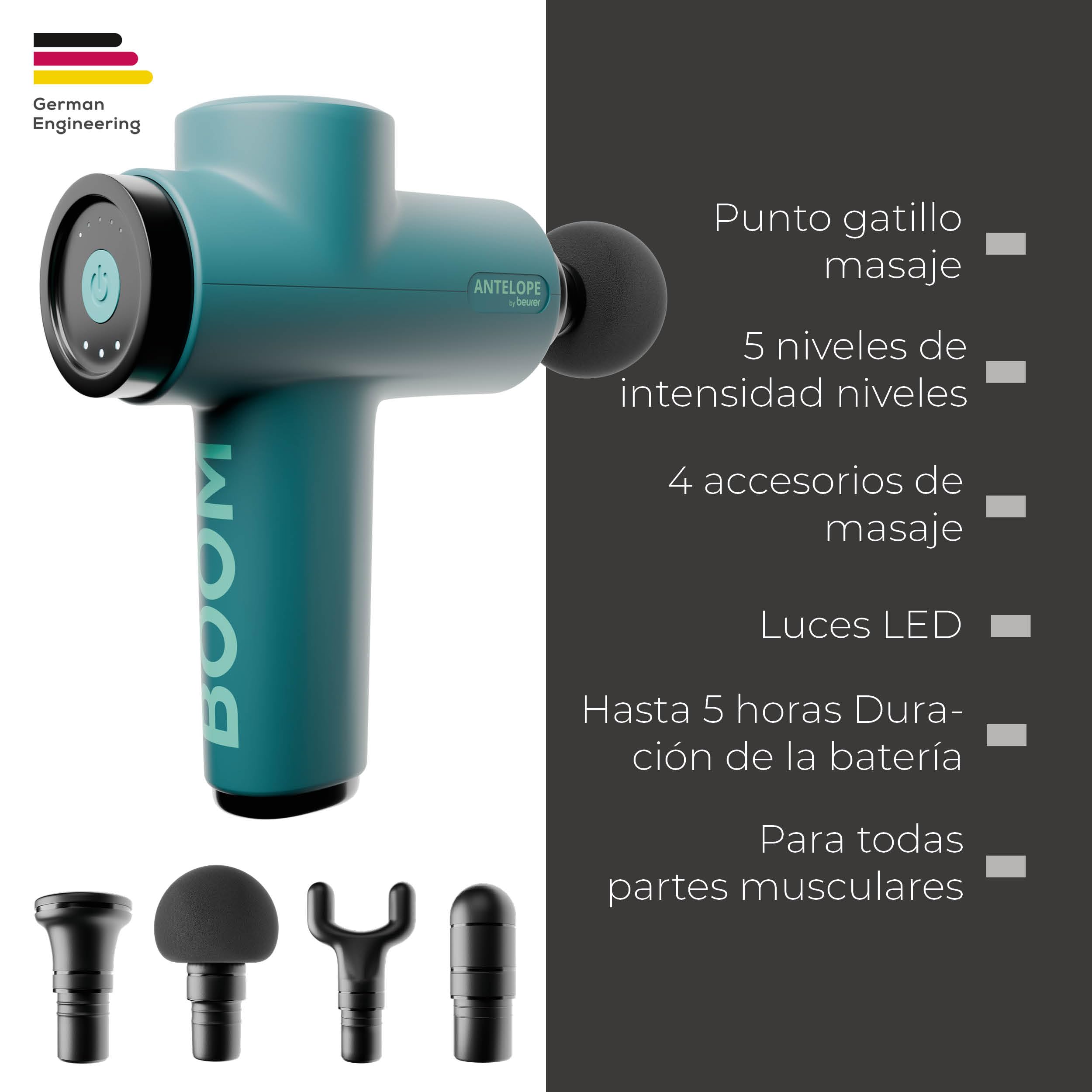 Beurer Antelope BOOM Pistola de masaje muscular, Massage Gun compacta con 4 accesorios, para relajación y regeneración, potente masaje de puntos gatillo, 5 niveles de intensidad y batería