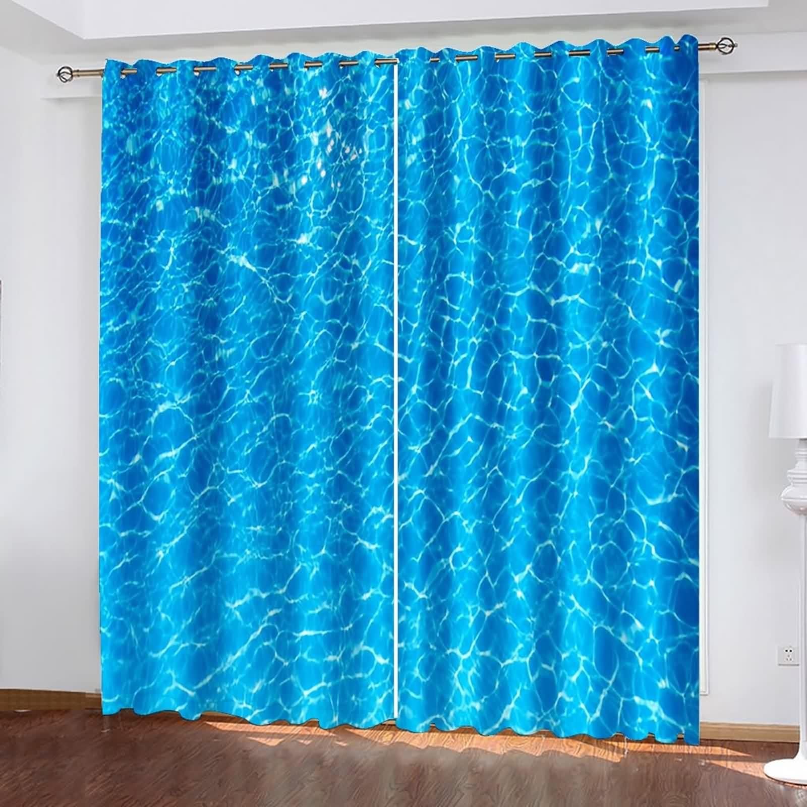 Rideaux Fenetre, Rideau de Cuisine Long Vintage Bleu Polyester Paysage Marin 96L x 214H CM Lot de 2