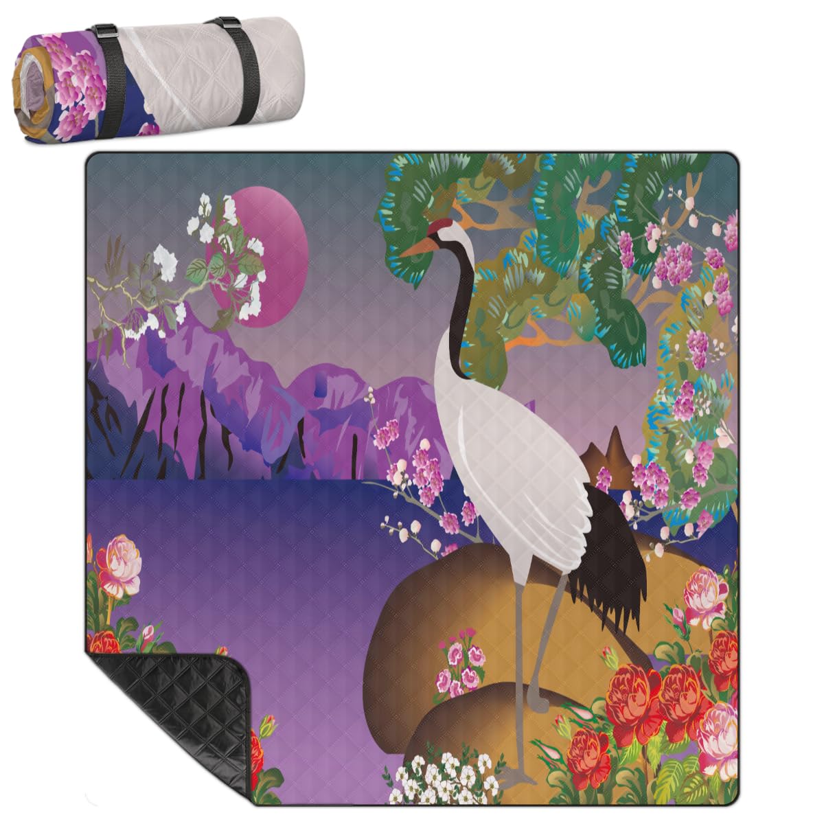 Shimoshe Extra Large Picnic Blankets 79”x 79”, Crane Floral Flower Waterproof Foldable Picnic Mat with Straps Portable Beach Blanket for Camping Park Grass Beach Indoor