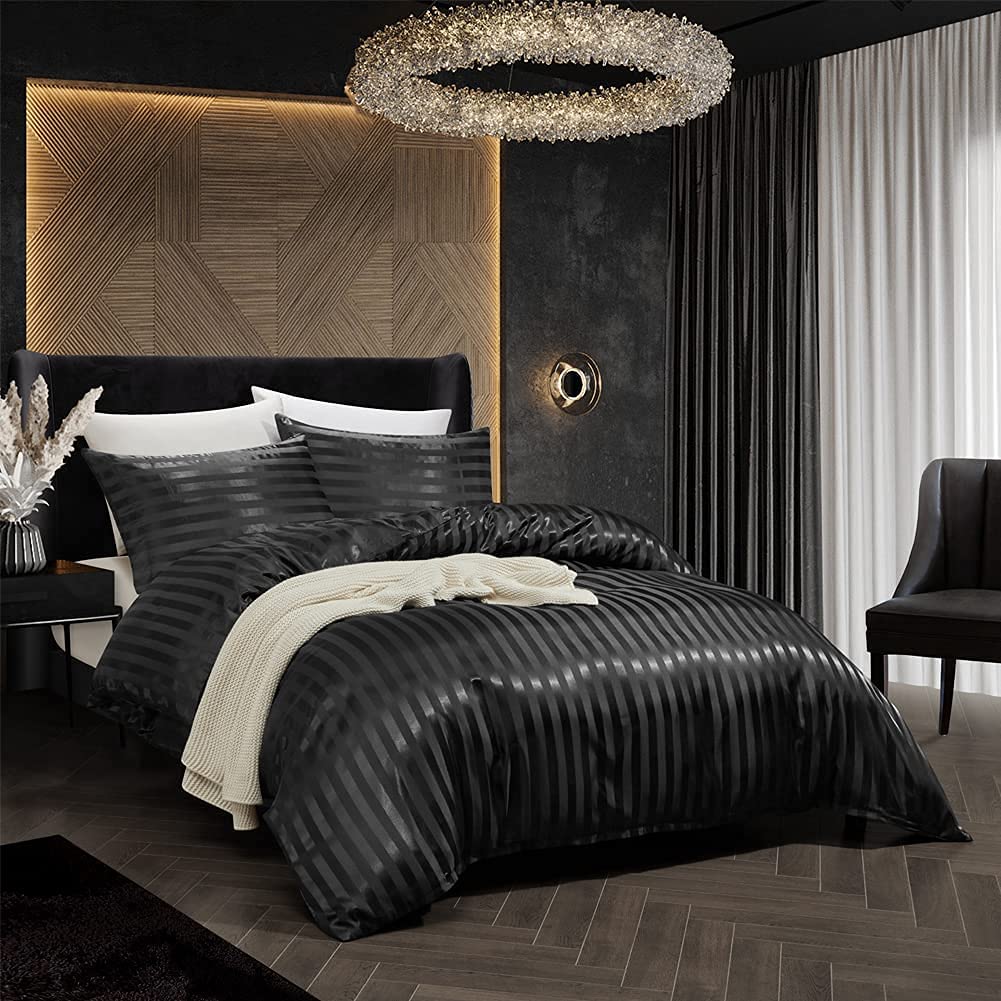 Juego de ropa de cama, negro, 240 x 260 cm, para adultos, satén, a rayas, para cama doble, satén, negro, monocolor, seda, lisa, brillante, juego de ropa de cama con cremallera y 2 fundas de almohada