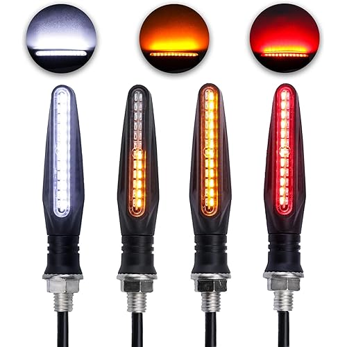 LivTee Super Bright 4PCS Motorcycle Indicators Flowing Turn Signal Brake Lights & Daytime Running Lights 12V for Motorbike Scooter Quad Cruiser Off Road, White/Red/Amber