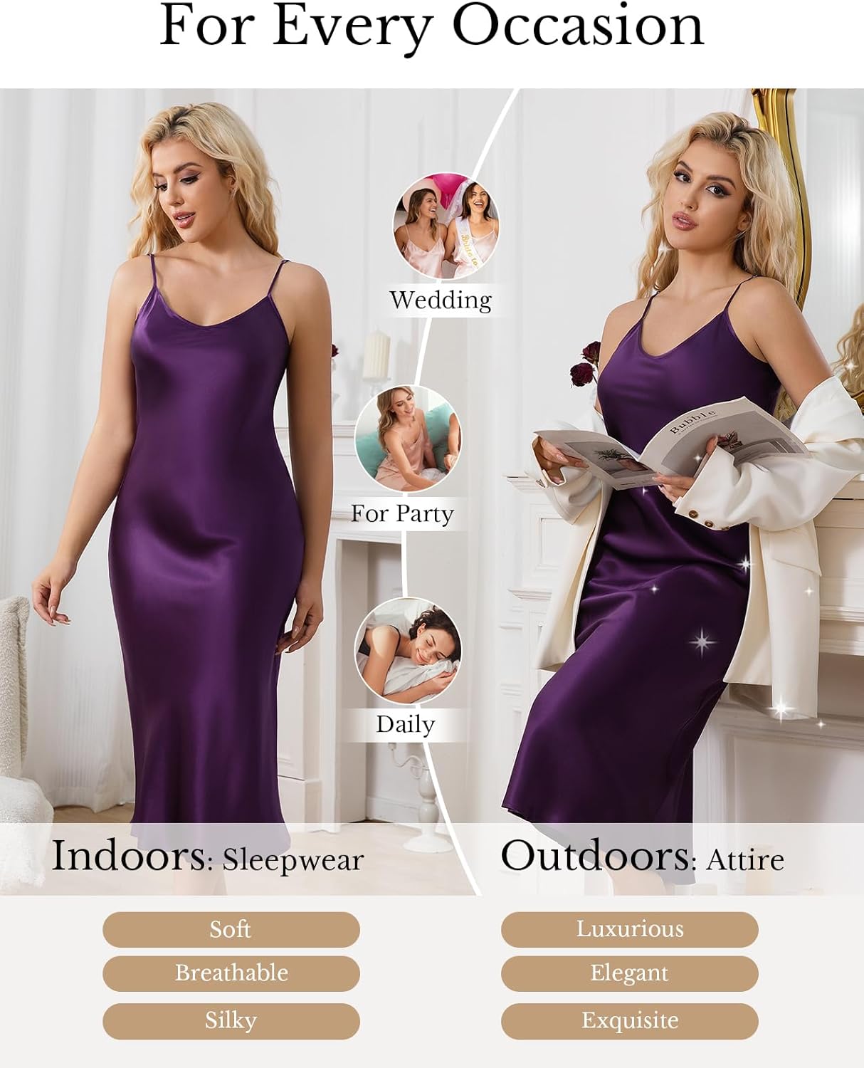 THXSILK Silk Long Nightgowns for Women, Pure Mulberry Silk Charmeuse Nightdress, Lingerie Adjustable Strap