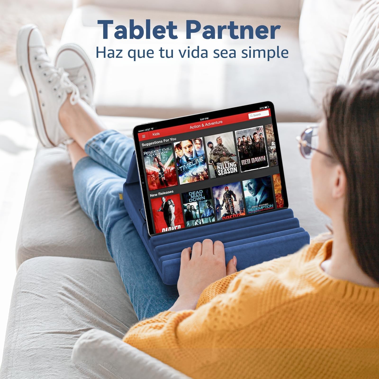 KDD Soporte de Almohada para Tablet,Soporte iPad Plegable para Cama,Regazo,Cojín para Tablet con Bolsillo y Soporte para Lápiz, para iPad Pro 12.9 10.5 9.7 Air Mini 6 5 4 3 E-Reader, Azul