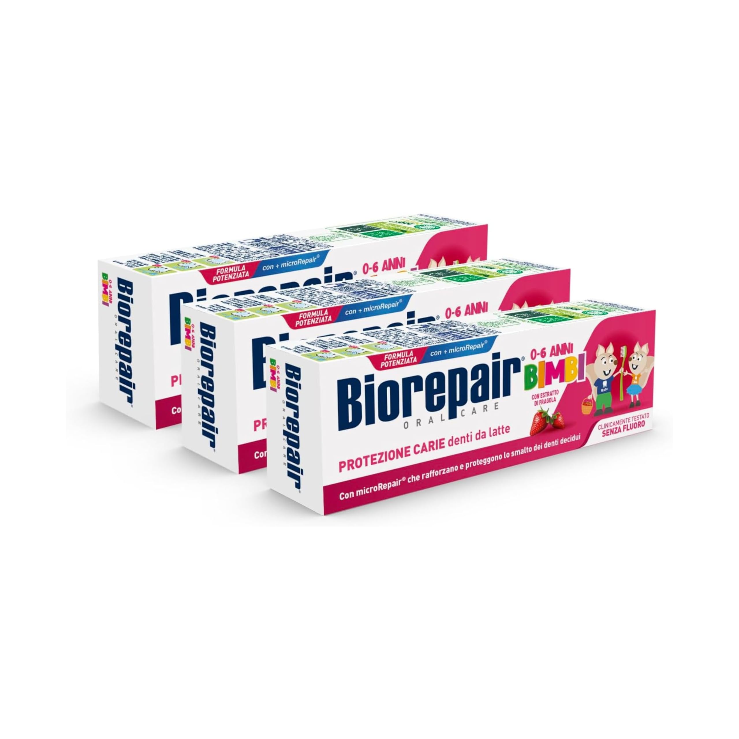 Biorepair Bimbi, Dentifricio Protezione Carie, Bambini 0-6 Anni, Con Estratto di Fragola, Con MicroRepair, Clinicamente Testato, Senza Fluoro e Coloranti, 3x50ml
