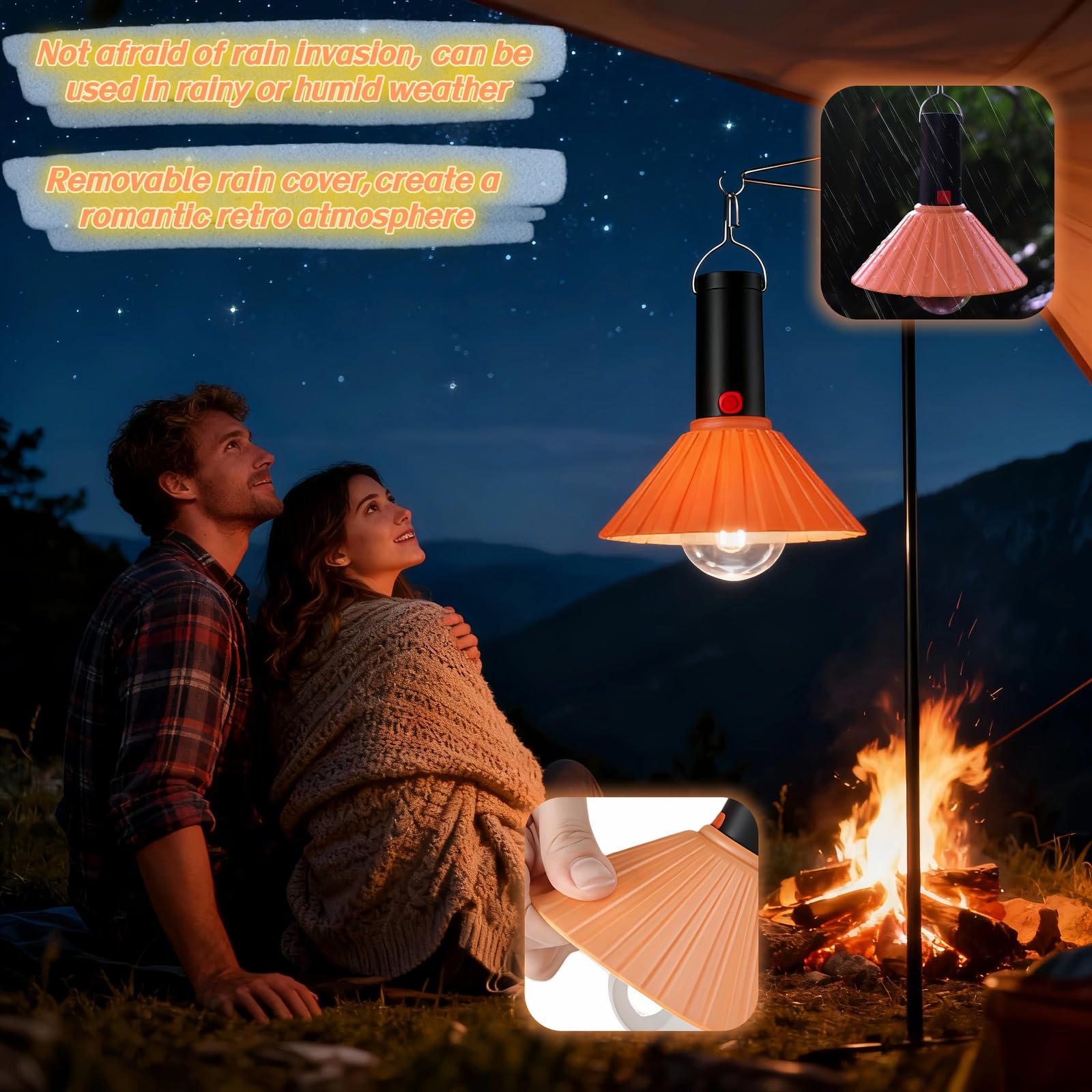 Luz LED recargable para camping, 3000 K, blanco cálido, 3 modos de brillo, IPX6 impermeable, carga USB-C, gancho desmontable, luz portátil para tienda de campaña con gancho para emergencia al aire