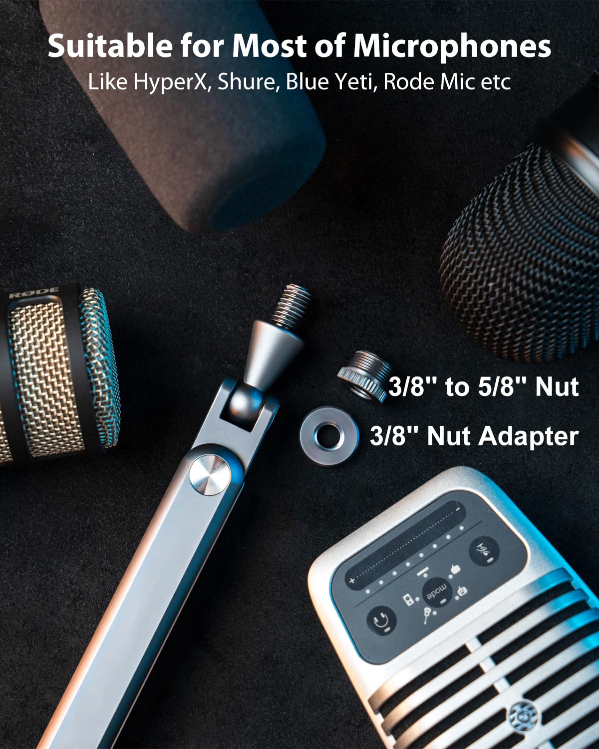 FULAIM Brazo de micrófono de aluminio compatible con RODE, soporte de micrófono ajustable para Shure, mic arm con adaptador de 3/8" - 5/8" para Game Streaming Podcast Broadcast Interview (Gris)