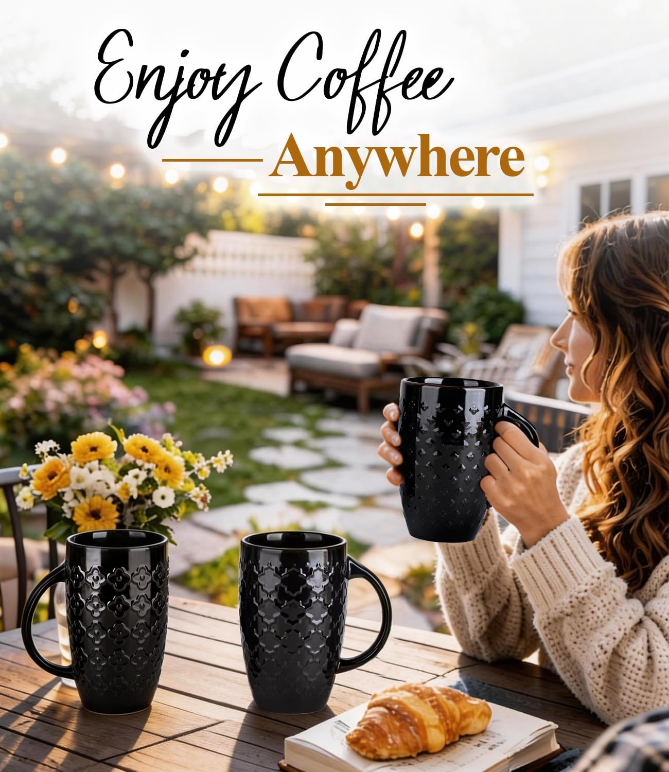 AmorArc Large Coffee Mugs Set of 6, 20oz Ceramic Tall Coffee Mugs Set with Textured Patterns for Coffee/Tea/Beer/Hot Cocoa, Dishwasher & Microwave Safe-Black