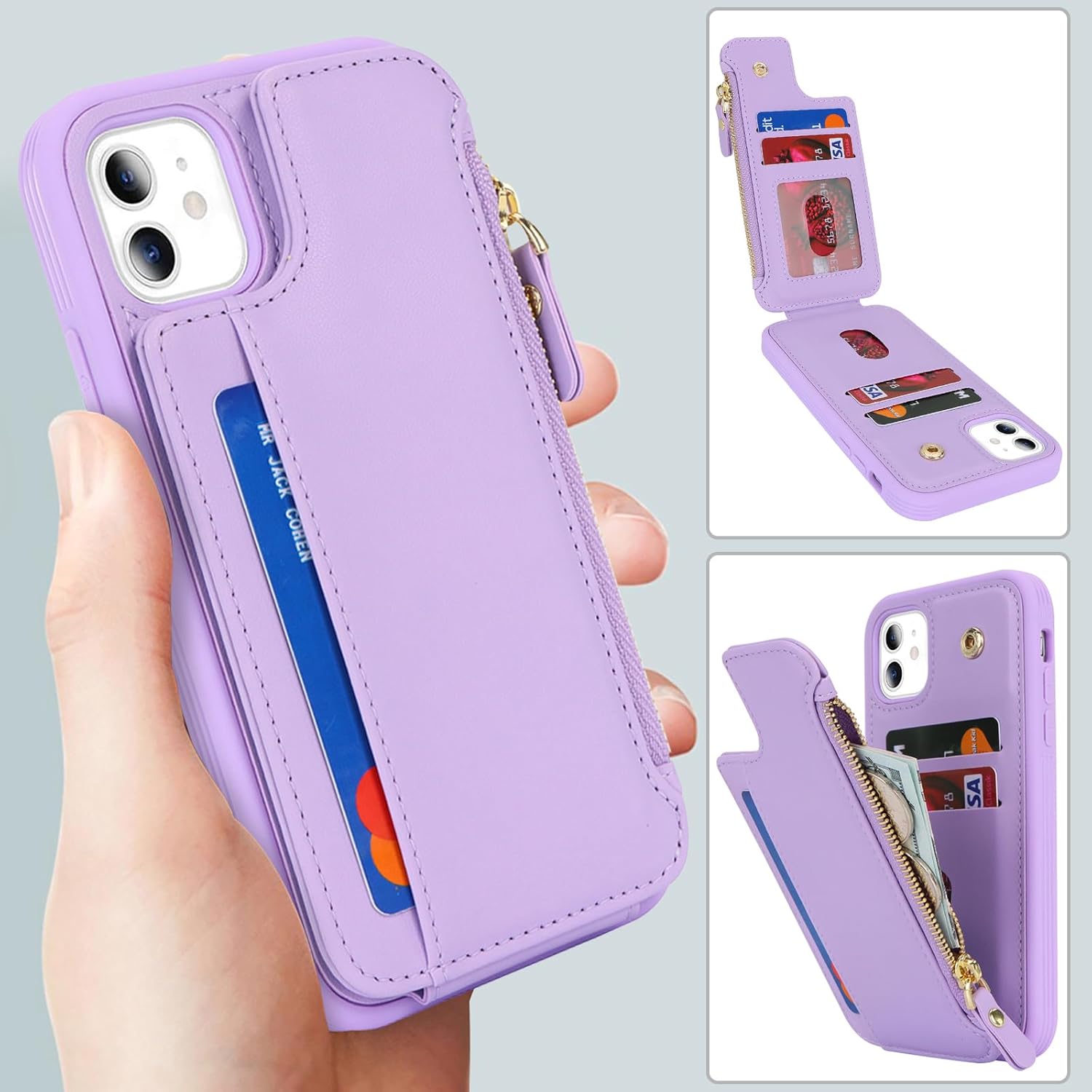 Cavor for iPhone 12 Case with Card Holder,for iPhone 12 Pro Wallet Case for Women Men,Leather Magnetic Clasp Zipper Pocket Protective Phone Cover-Purple - Image 3