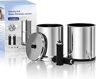 Purewell Gravity-Fed Water Filter System, Small Capacity 1.5 Gallon Stainless Steel Countertop Filtration System with 2 Black Purification Elements and Metal Spigot for Home and Outdoor Use