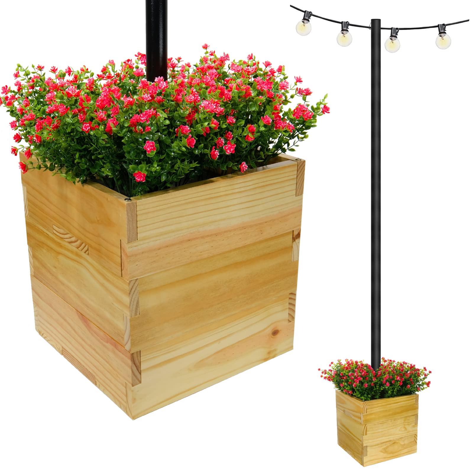 Extra Large Decorative Wooden Planter with Universal Pole Support for String Light Poles, Umbrellas, Bird Feeders. Solid Wood Outdoor Garden Patio Box For Plants or Flowers. (17"x17"x18")