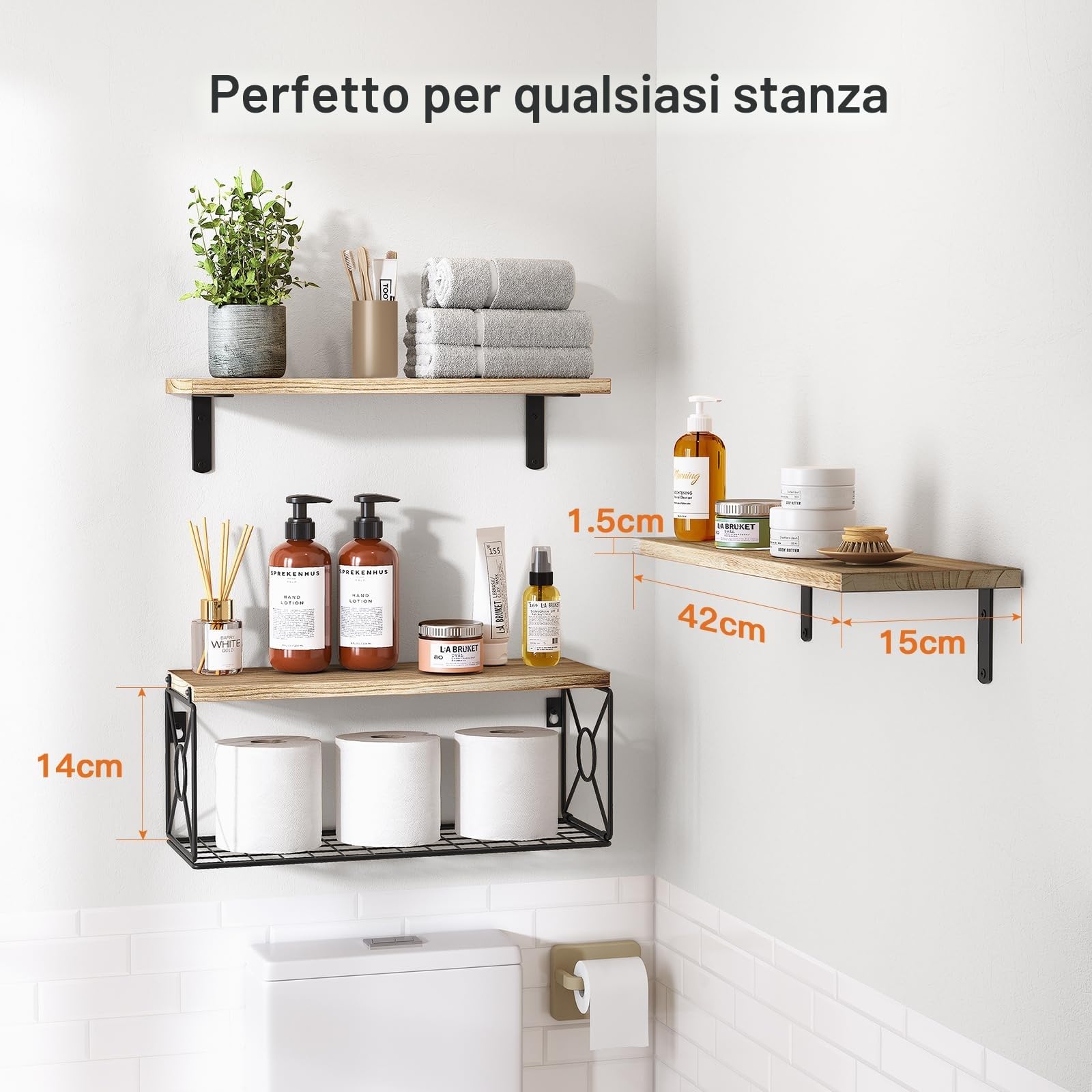 Pipishell Mensole da parete, in legno di paulonia, set di 3 + 1 mensole in legno, per camera da letto, bagno, soggiorno, cucina, ufficio, lavanderia (rustico)