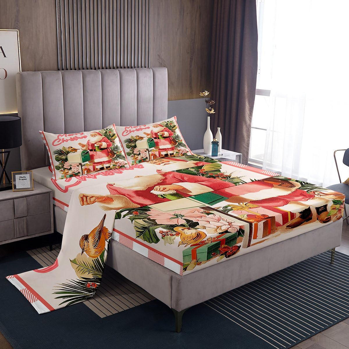 Homewish Juego de sábanas de Navidad para cama de matrimonio con Papá Noel rosa, ropa de cama de Navidad, para niños y niñas, juego de sábanas de invierno de 4 piezas