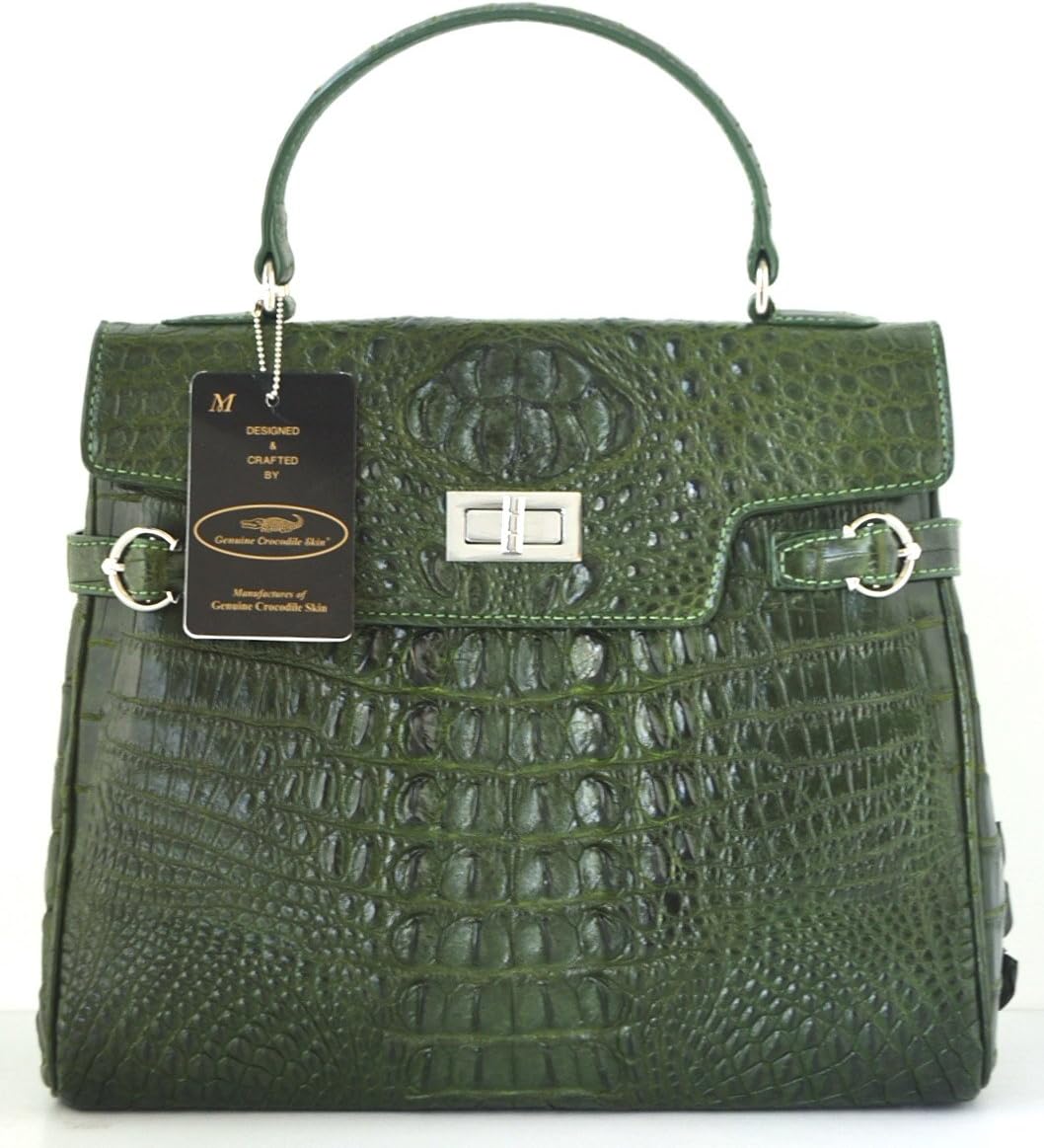 CROCODILE LEATHER HANDBAG CLUTCH BAG PURSE BELTS SILVER BUTTON SHINY DARK GREEN LARGE NEW