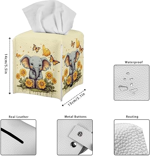 Miniatura 4 de DISNIMO Soporte para caja de pañuelos de elefante de dibujos animados de girasol, cubierta cuadrada para caja de pañuelos, soporte de servilleta de