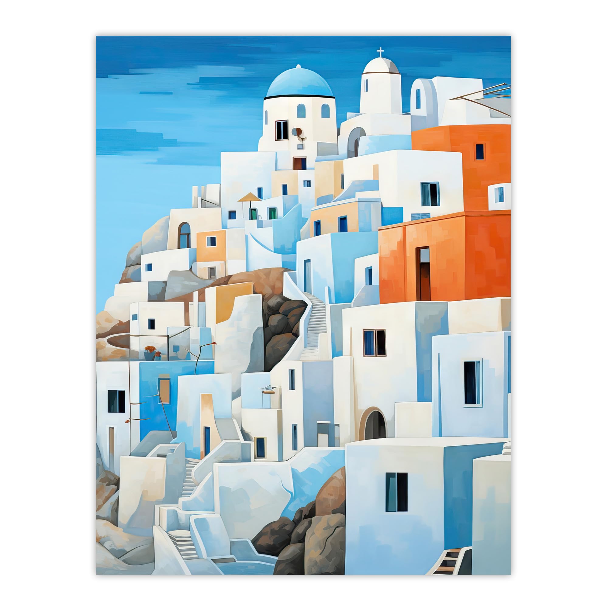 Artery8 Santorini Greece Watercolour Painting Whitewashed Buildings Of Greek Island In Aegean Sea Extra Large XL Wall Art Poster Print
