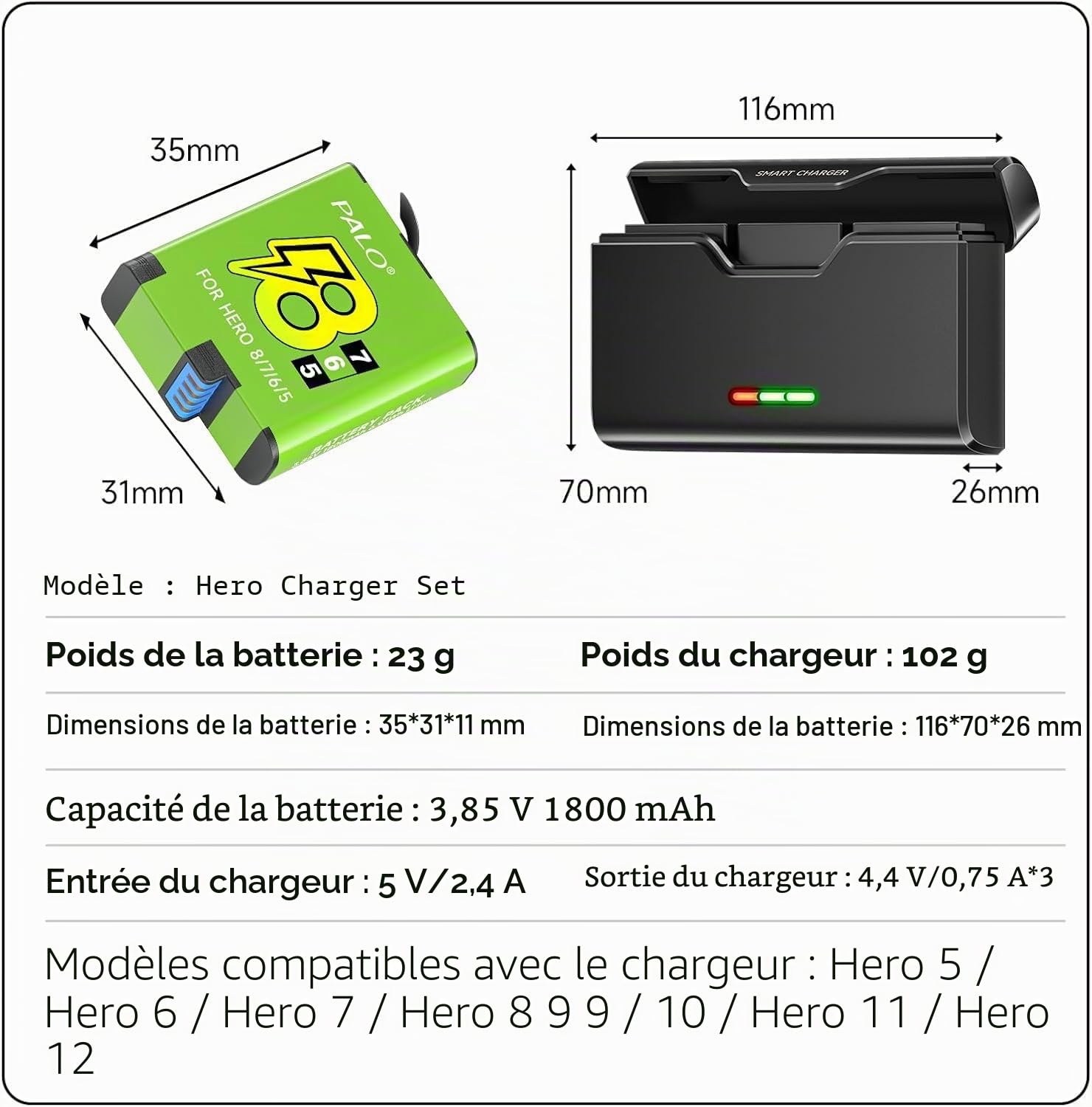 Hero 8/7/6/5 Batterie pour Hero 8/7/6/5 Black avec Chargeur pour Go Hero 12/11/10/9/8/7/6/5 Black - Chargeur de Batterie avec Accessoires, Charge Rapide, Convient à Basse