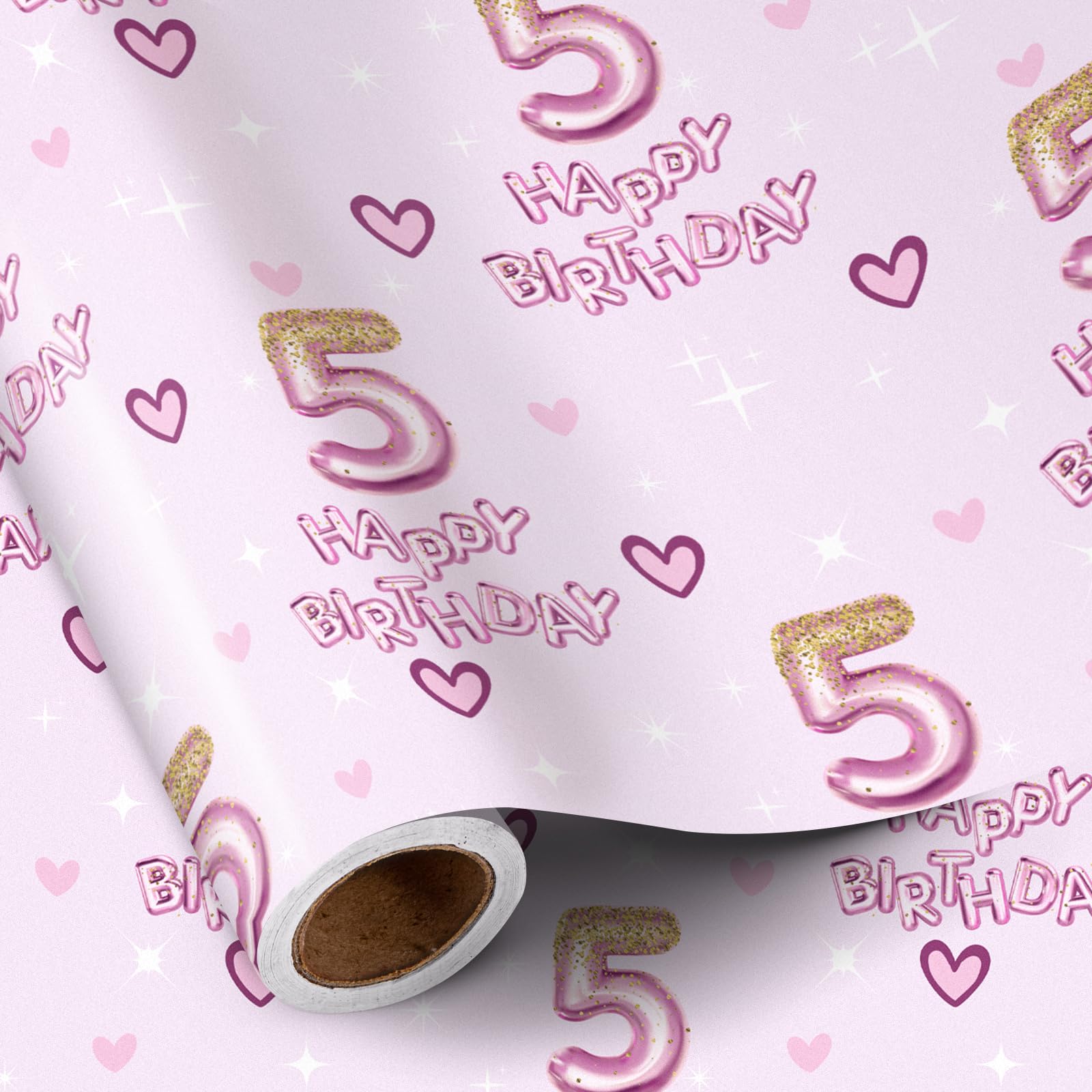 RUSPEPA 5th Birthday Wrapping Paper Girls, Hearts and Pink Number 5 Balloons Happy Birthday Design, Mini Roll, 43.2cm x 5m