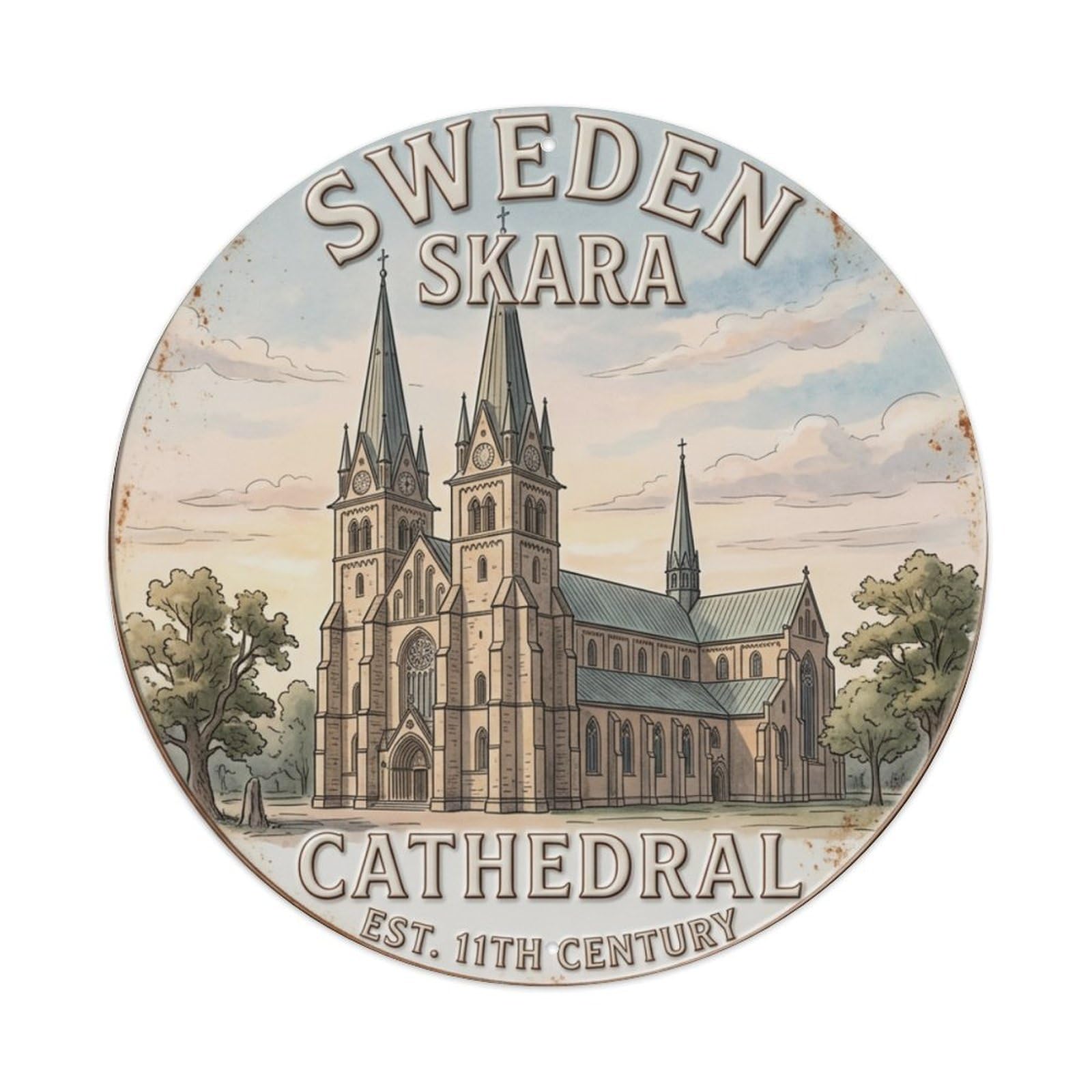 Vintage Travel Skara Sweden Cathedral Metal Tin Sign