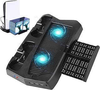 PS5 Charging Station with Cooling Fan, DualSense Controller Vertical Stand Dock for PS5 Console and Digital Edition, 3 USB Ports Retractable 14 Game Slots Storage Bracket for PlayStation 5 Accessories
