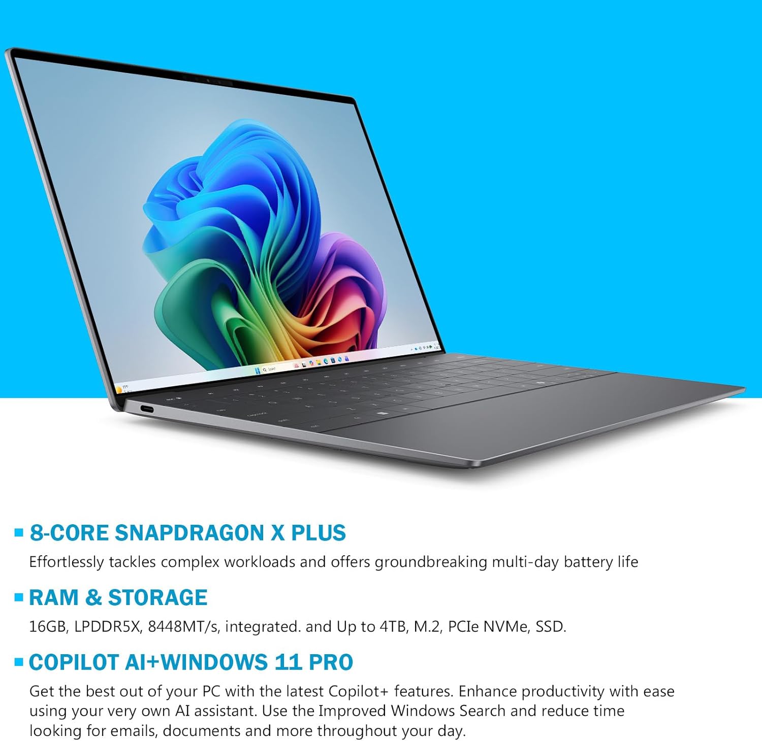 Dell XPS 13 9345 Business Laptop, Copilot AI Laptops Computer, 13.4" FHD+ Display, Snapdragon X Plus, 16GB LPDDR5X RAM, 512GB SSD, Wi-Fi 7, Backlit KB, Fingerprint, Windows 11 Pro