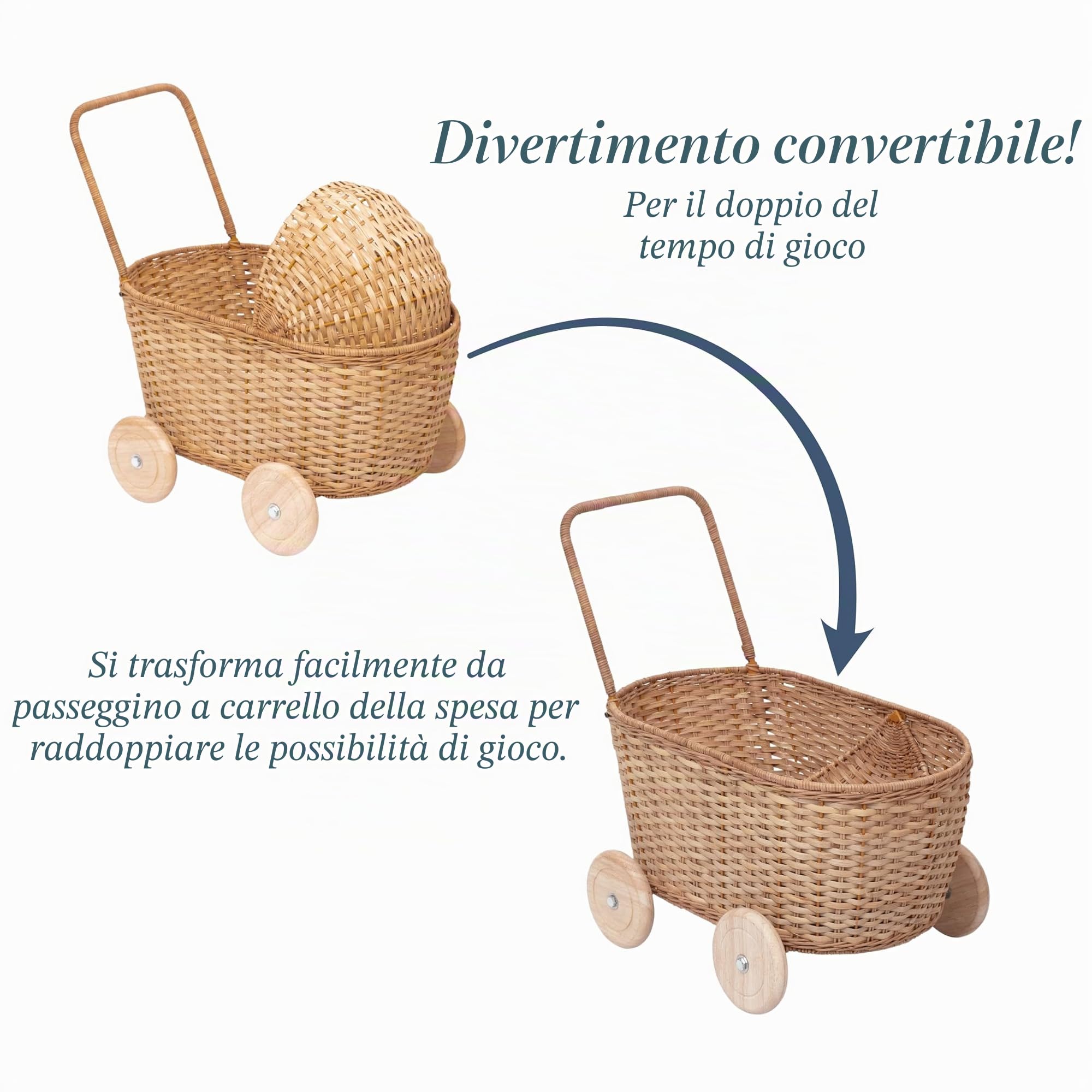 GON Stroller – Passeggino per bambole 3 in 1 in rattan, carrello della spesa e carrello per bambini | Passeggino intrecciato a mano in materiali naturali con cuscino e materasso, carrello per bambole
