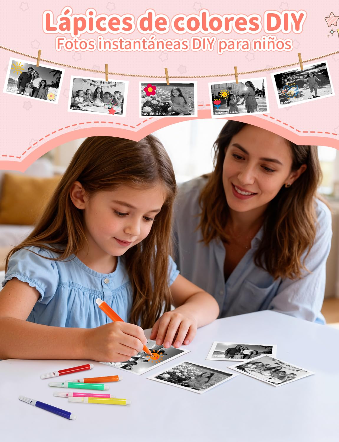 LIORQUE Camara Fotos Infantil Instantanea, 2.4'' HD 1080P Camara de Fotos Instantaneas con Tarjeta de 32G y Papel de Impresión, Bolígrafos de Colores DIY, Regalo para Niños de 3 a 12 Años (Rosa)