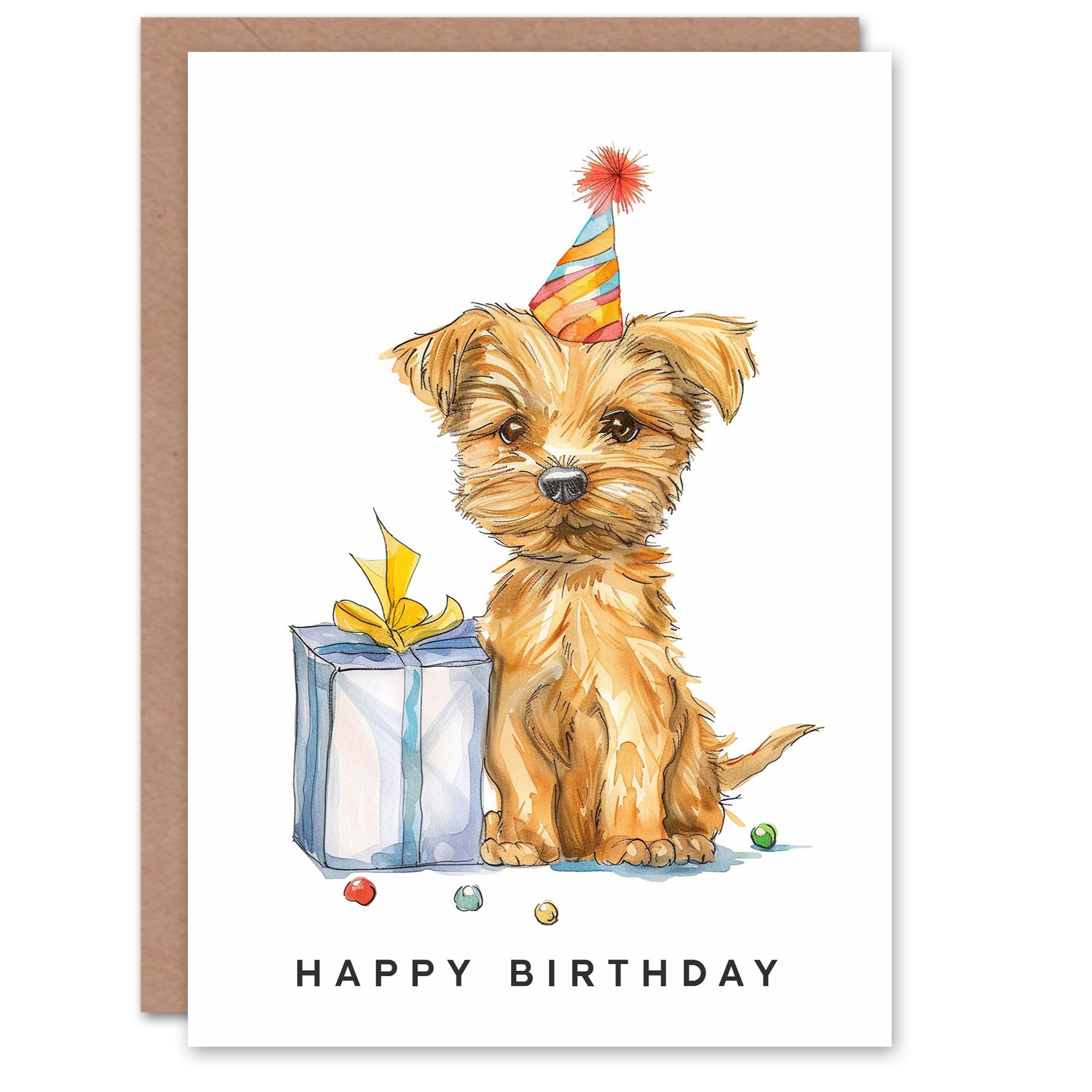 Artery8 Kids Birthday Card - Cute Terrier Dog Puppy - Party Hat - White