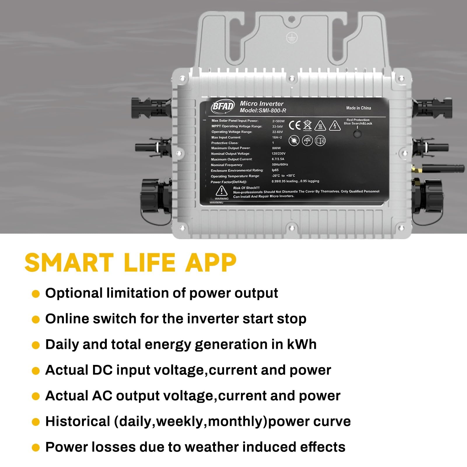 Buyweek 800w MPPT PV micro inverter solare collegato alla rete con sistema di monitoraggio del telefono cellulare WIFI, livello di protezione IP65 (SMI-800W-R)