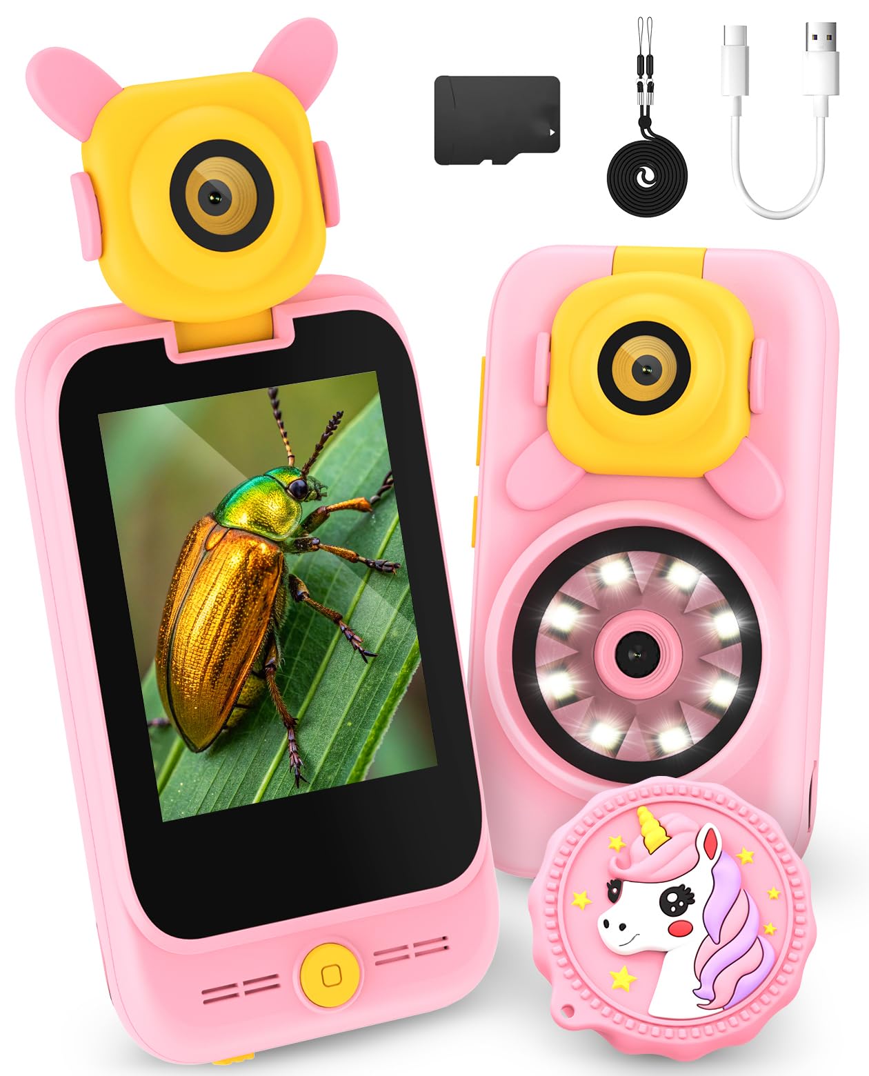 Telephone Enfant avec Microscope 100X et 32G Carte pour Filles 3-8 Ans | 100X Microscope Camera, 32G 600mAh MP3 Histoires, Ecran Tactile 2.8 Jeux ABC, Licorne Fille 3-8 Ans, Cadeau Anniversaire
