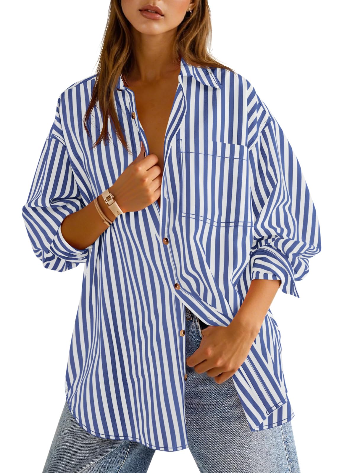 Cicy Bell Blusas de trabajo de manga larga con cuello y botones a rayas para mujer