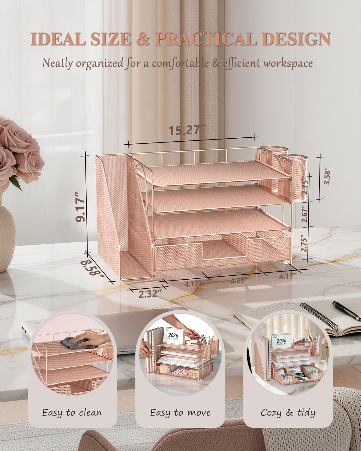 WALI Desk File Organizer, 4 Tier Desktop Paper Letter Tray Organizer with Drawer and 2 Pen Holders, Office Desk Accessories & Workspace Organizers for Office, Home, School Supplies, 1 Pack, Rose Gold view 7