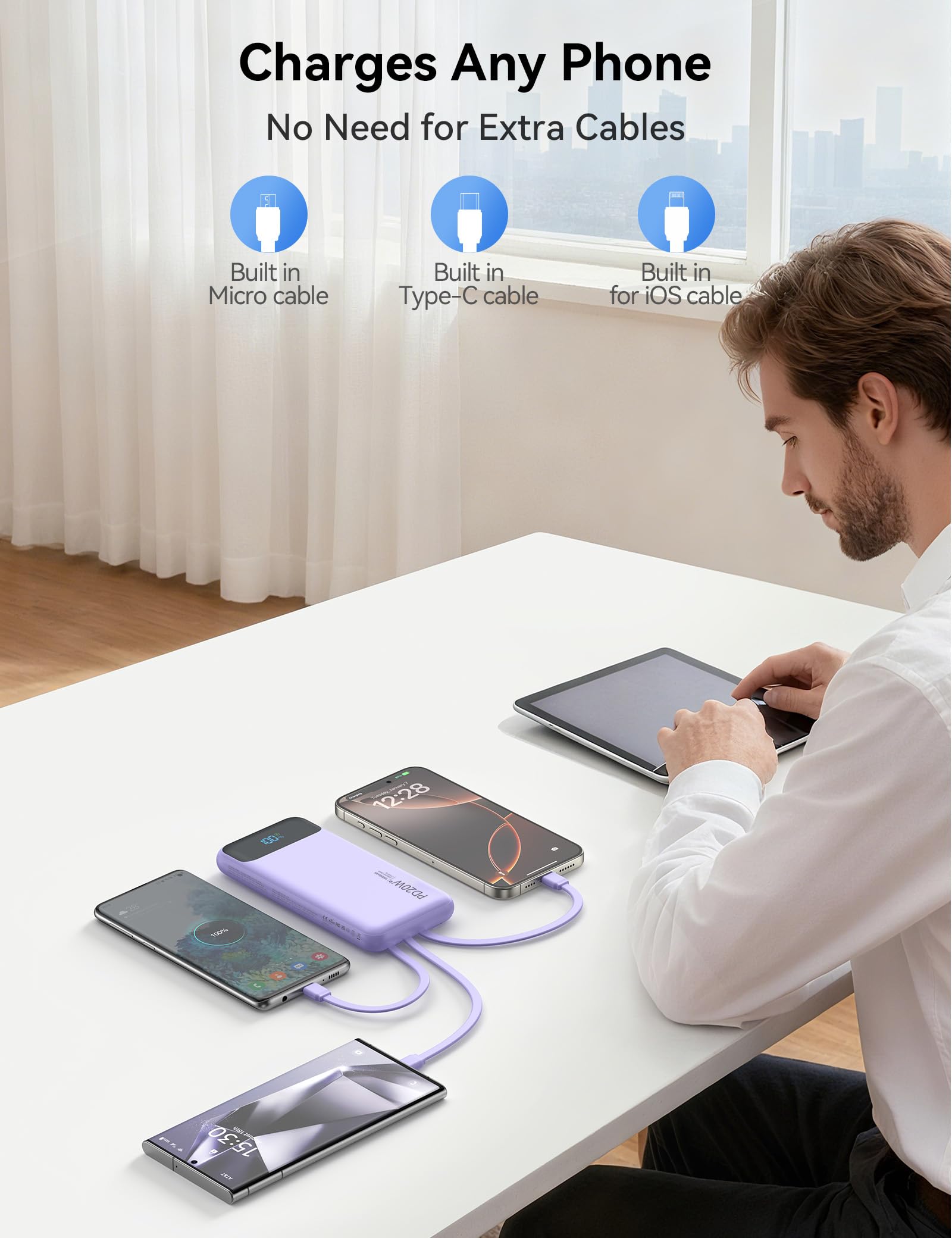Caricabatterie portatile da 10000 mAh integrato con 4 cavi, ricarica rapida USB C Power Bank da 22,5 W, batteria a 6 uscite, caricabatterie per telefono essenziale da viaggio con display a LED