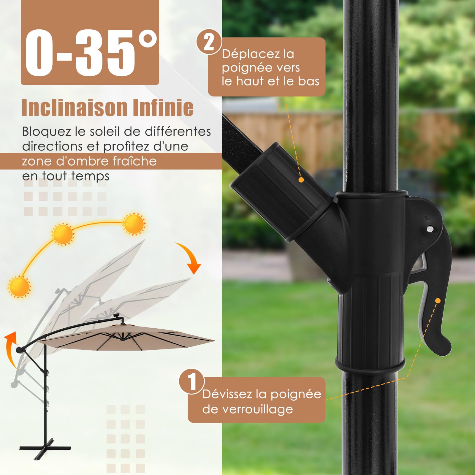 GOPLUS Parasol Déporté 3x3M, Grand Parasol de Jardin Extérieur avec 32 LED Solaires, 8 Baleines, Protection Solaire, Toile Inclinable, Rotatif à 360° pour Balon Patio Terrasse