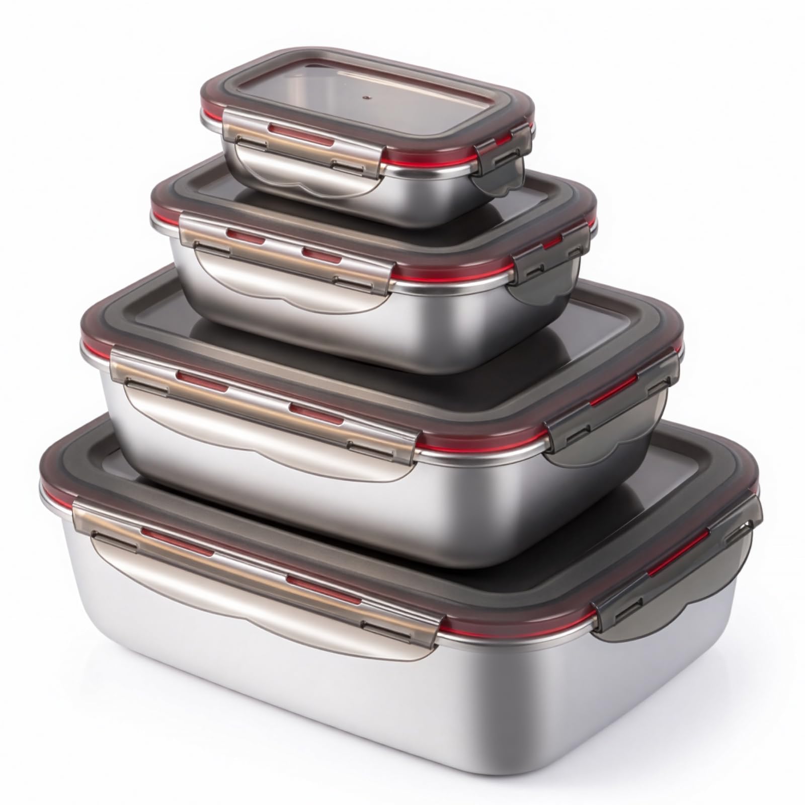 Sunnynest Red Food Storage Containers With Lids, Made Of 304 Stainless Steel-4Pack Stackable Metal Food Storage Containers,Reusable, Suitable For Freezers, Dishwashers (2900Ml/1500Ml/600Ml/220Ml).