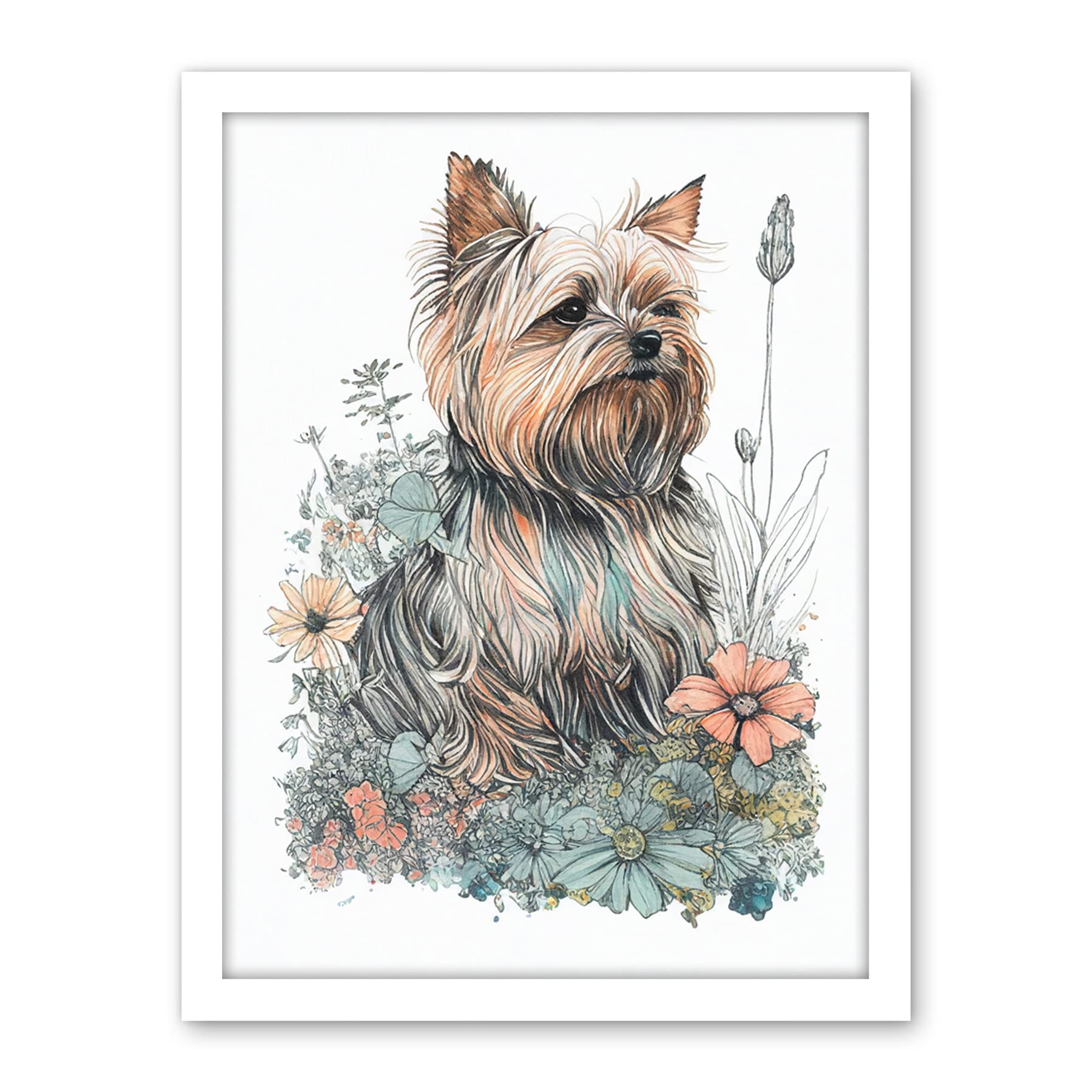 Artery8 Yorkshire Terrier Dog in Wildflowers Bright Watercolour Illustration Artwork Framed Wall Art Print 18X24 Inch