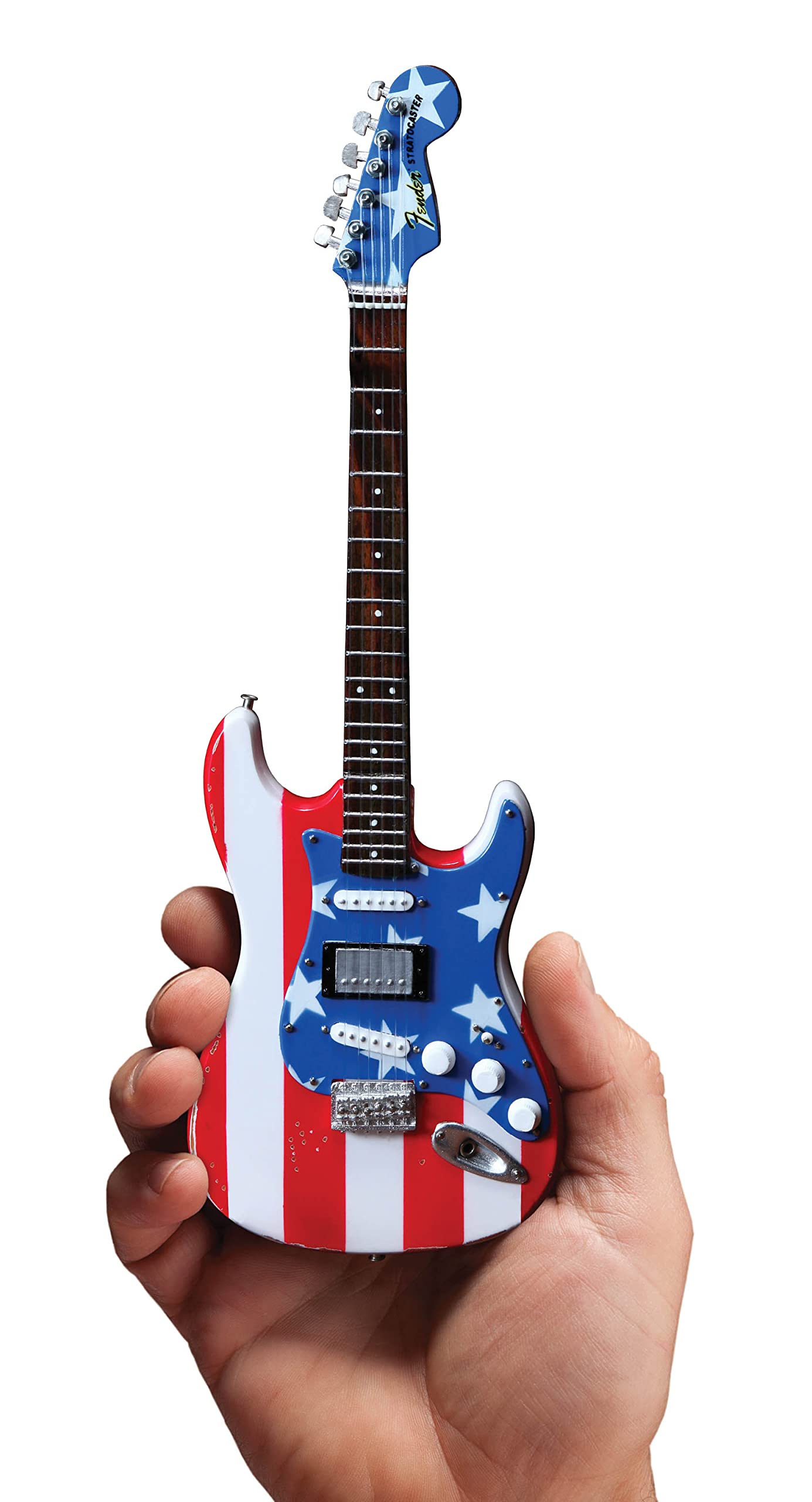 Fender Stratocaster – Stars & Stripes USA – Kramer: Officially Licensed Miniature Guitar Replica - Les Beatles, Paul McCartney, John Lennon, RIngo Starr, George Harrison Fender Stratocaster - Stars & Stripes USA - Kramer: Officially Licensed Miniature Guitar Replica