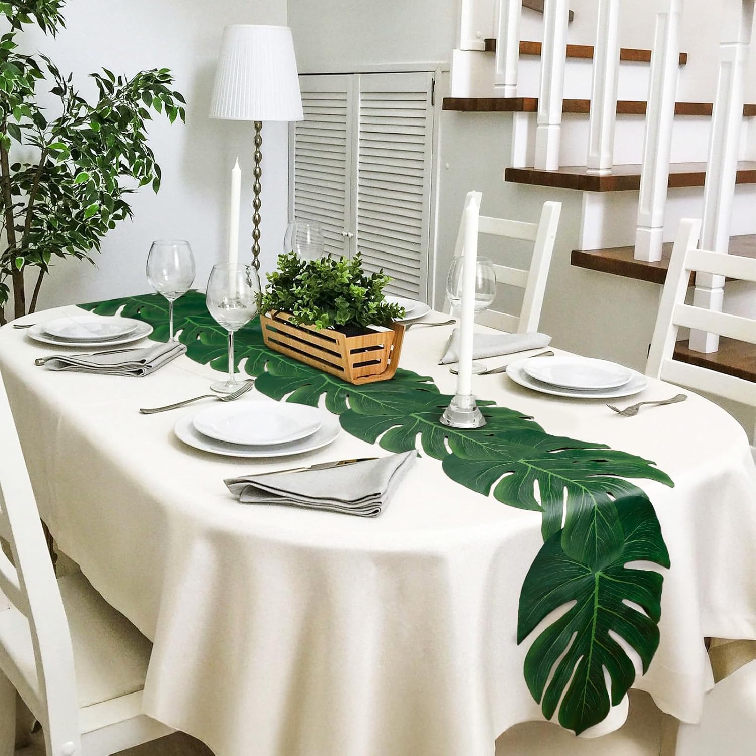 Sztuczny bieżnik na stół Monstera 28 x 178 cm, zielony bieżnik ze sztucznym liściem palmy, dekoracja hawajska, na imprezę na plaży, imprezę tematyczną, urodziny