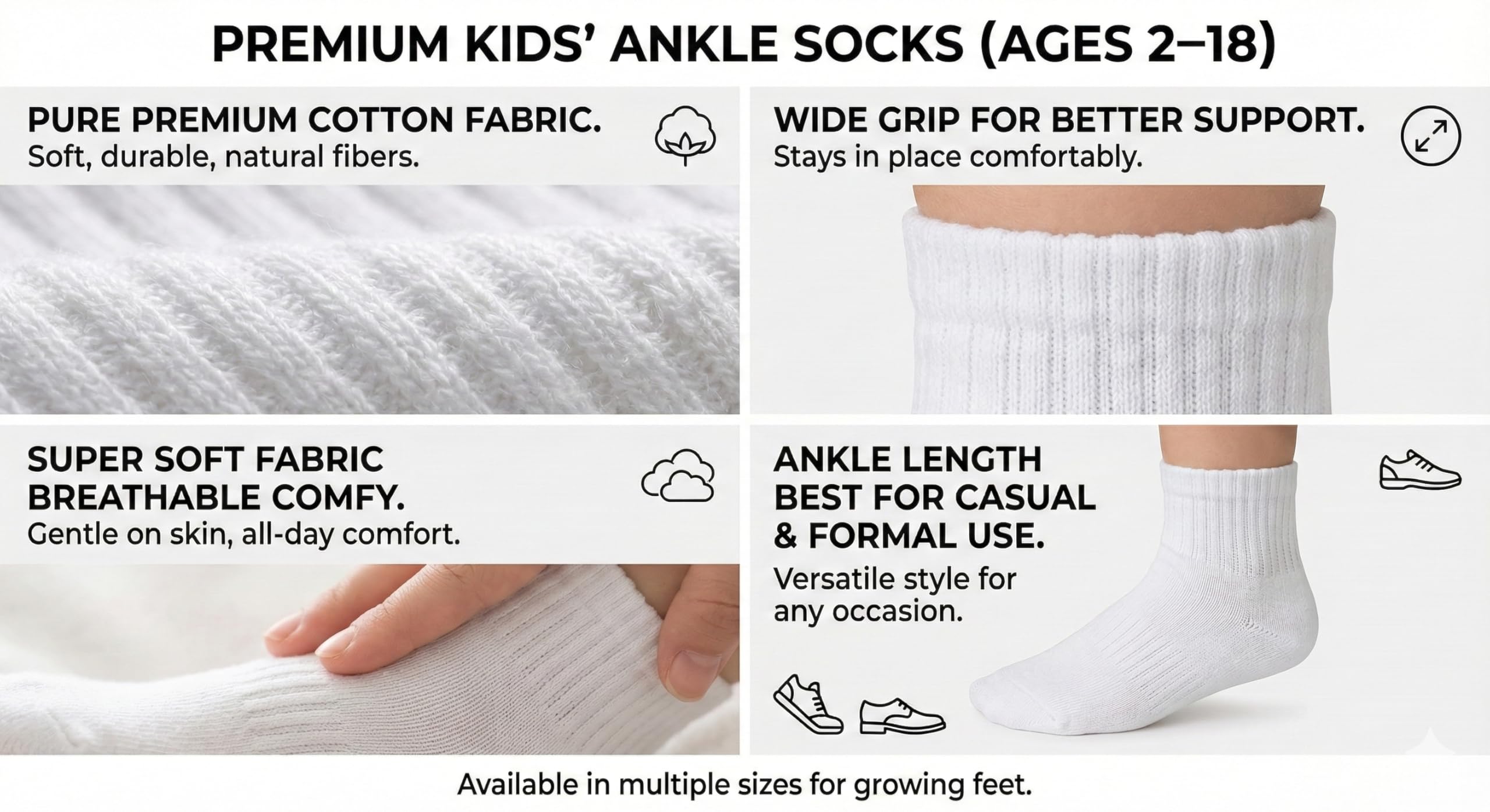 Kids Cotton Ankle Socks for Boys and Girls, White, Lightweight Breathable, School Uniform, Seamless Toe (IN, Age, 10 Years, 12 Years, 2, WHITE) - Image 2 thumbnail