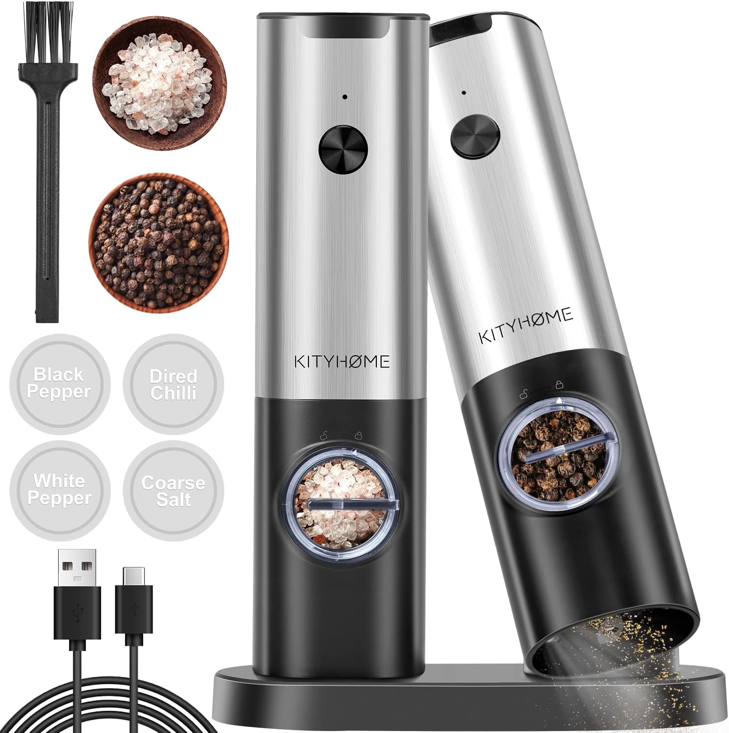Electric Salt and Pepper Mill Set with Rechargeable Base, Pepper