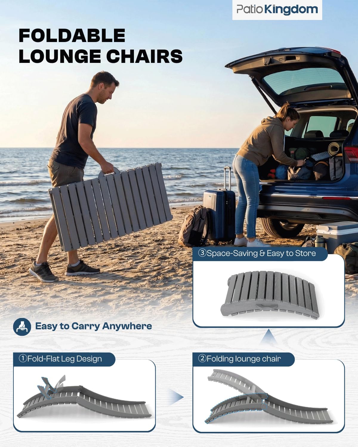 in-Pool Lounge Chairs Set of 2, Folding HDPE Pool Chairs Anti-Floating No Sandbags with Cup Holder & Handles, Outdoor Chaise Lounge for Poolside, Patio & Sun Deck(Grey)