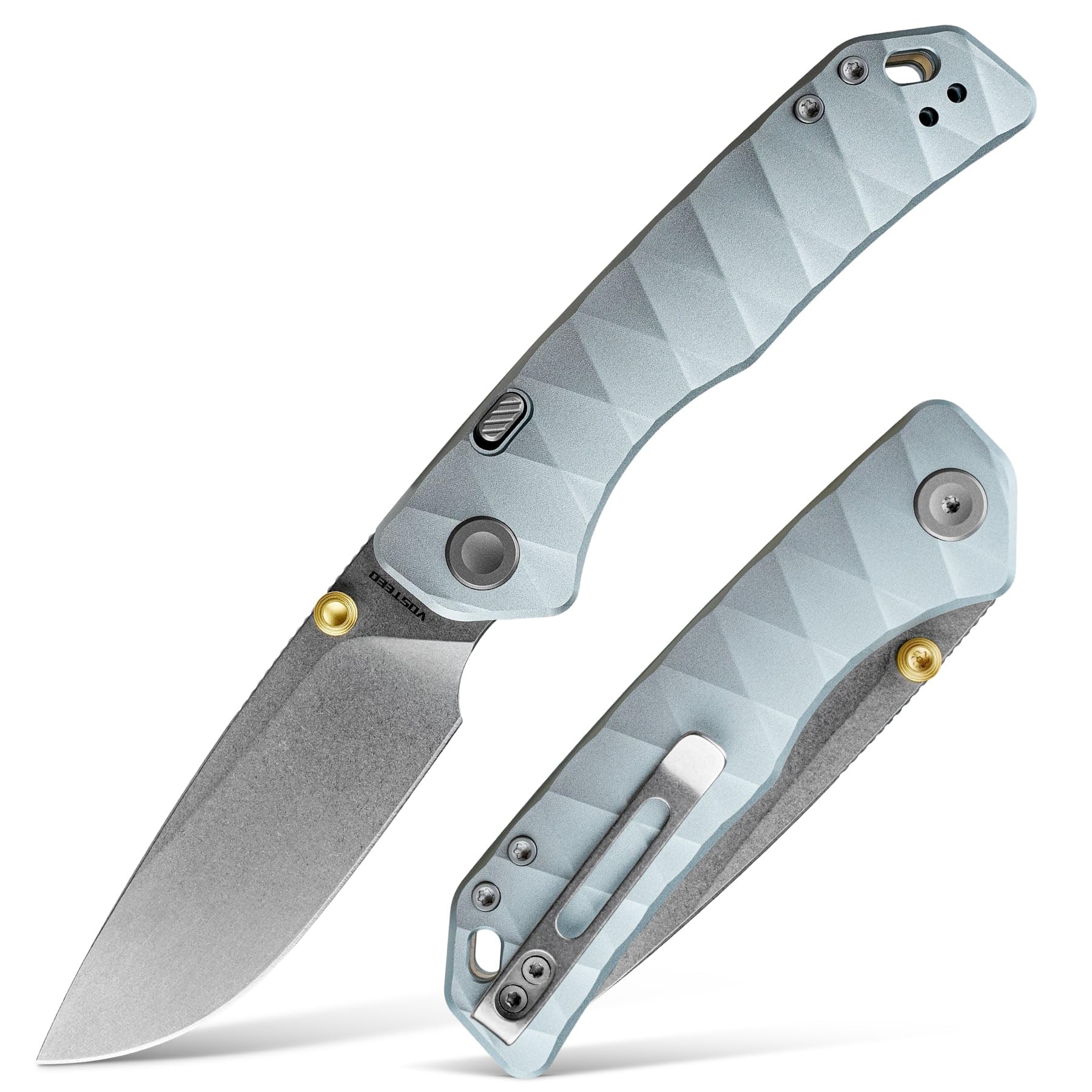 Vosteed Marten EDC Folding Pocket Knife - 3.30" 154CM Stonewash Blade - Top Liner Lock, Light Blue Aluminum Handle - Hunting, Hiking Knives - A1614
