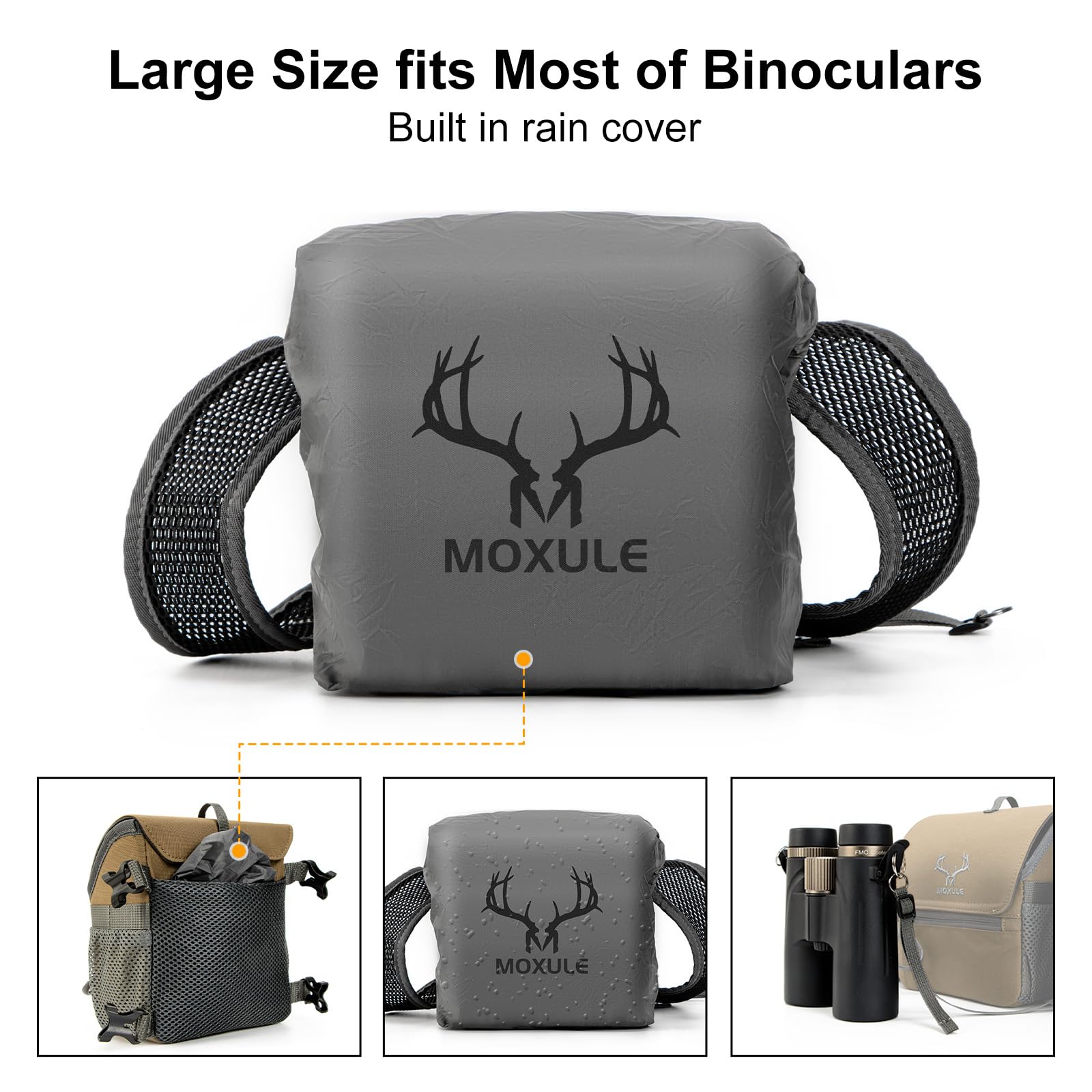 MOXULE Paquete de arnés para binoculares: Funda para binoculares con Tapa magnética y Cubierta de Lluvia para Caza (Verde)