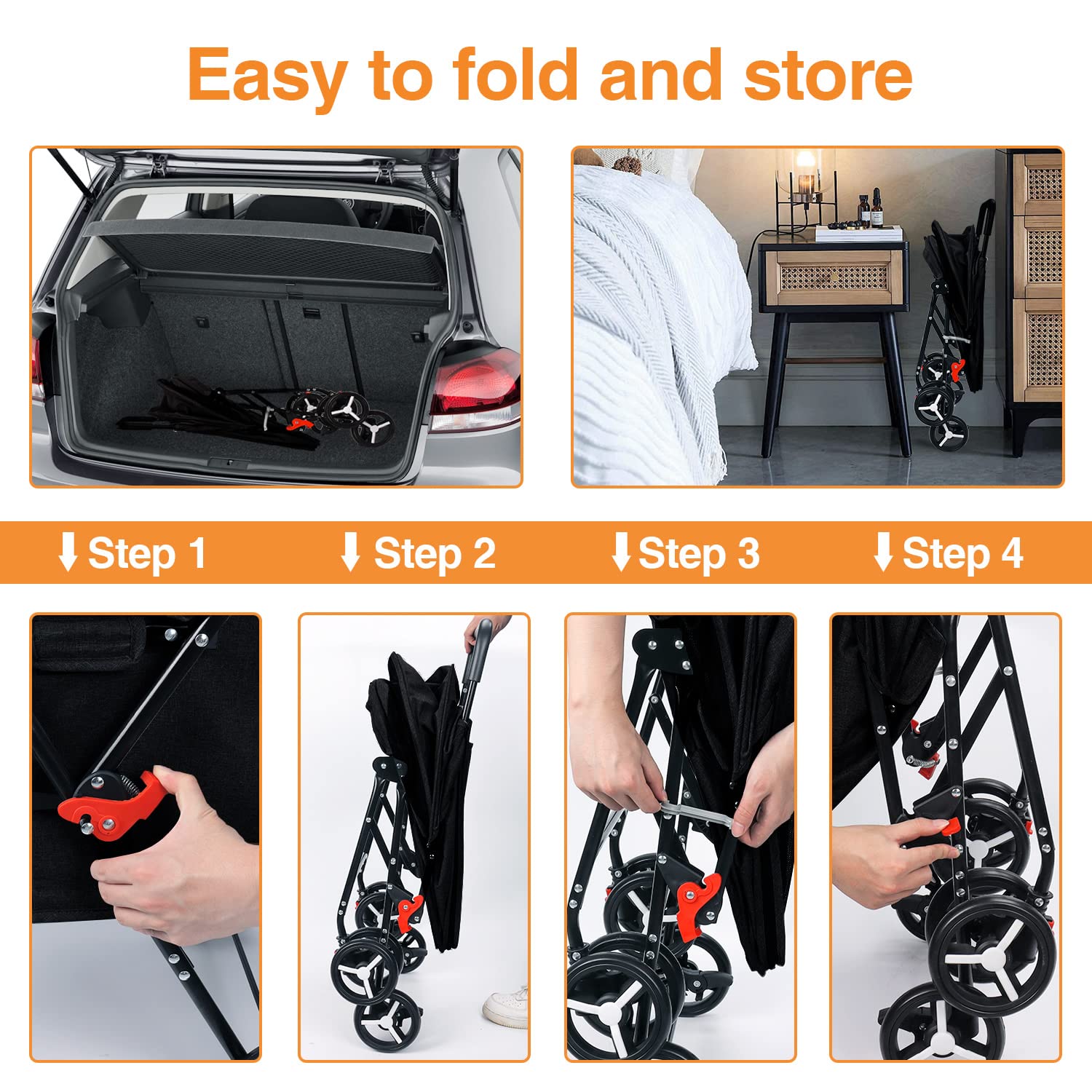 Pet Stroller 4 Wheel Foldable Cat Dog Stroller for Medium Small Dogs Cats Travel Stroller with Bring pet Toys and Removable Liner Black