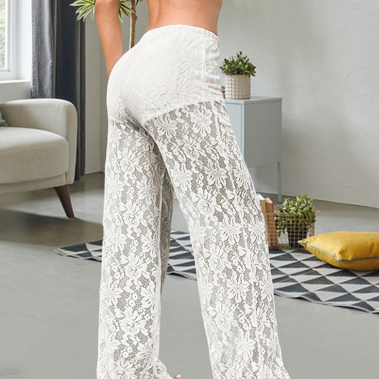 Donna Y2K Pantaloni Trasparenti Ricamati con Vita Alta e Gamba Dritta Elastico in Vita Pantaloni Mesh Street Rave per Discoteca, Clubbing, Festa, Bianco, L
