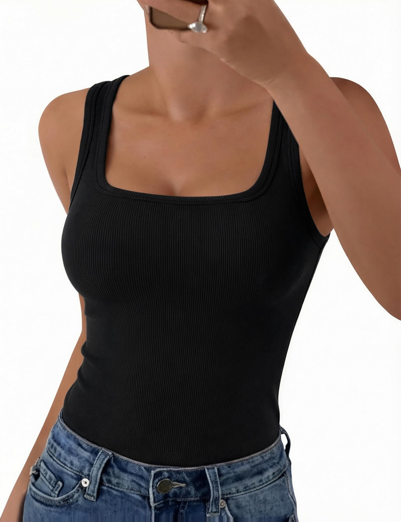Aottori Camiseta sin Mangas Mujer Verano Cuello Cuadrado Tops Ajustado Elástico Camisetas Tirantes Elegante Punto Tank Top Sólido Básica Chalecos Top — view 18