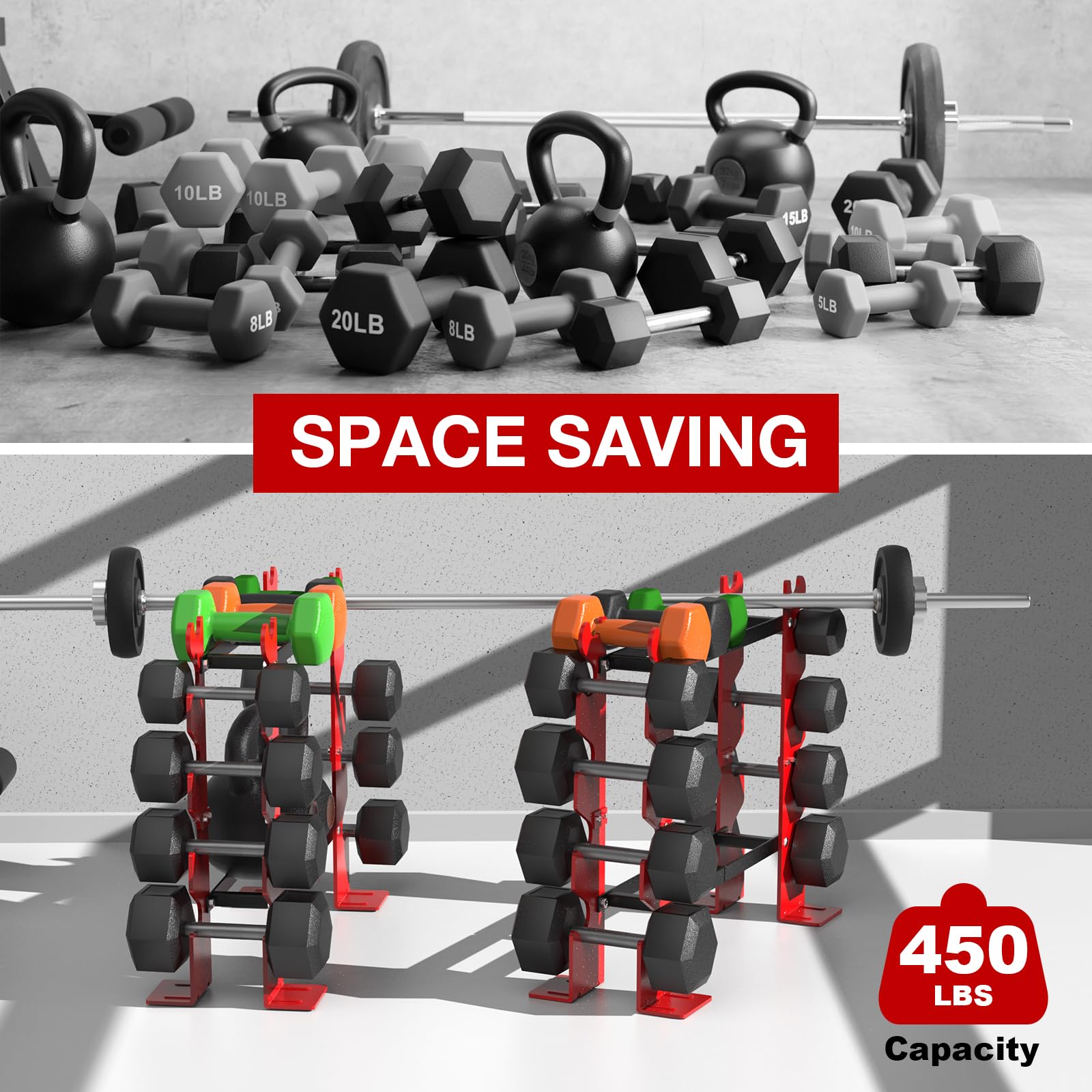 Porta Manubri Per Palestra Casa - Rastrelliera Per 6 Manubri, Plastica PP, 23x22.5x8.5cm, Nero - Foto 2