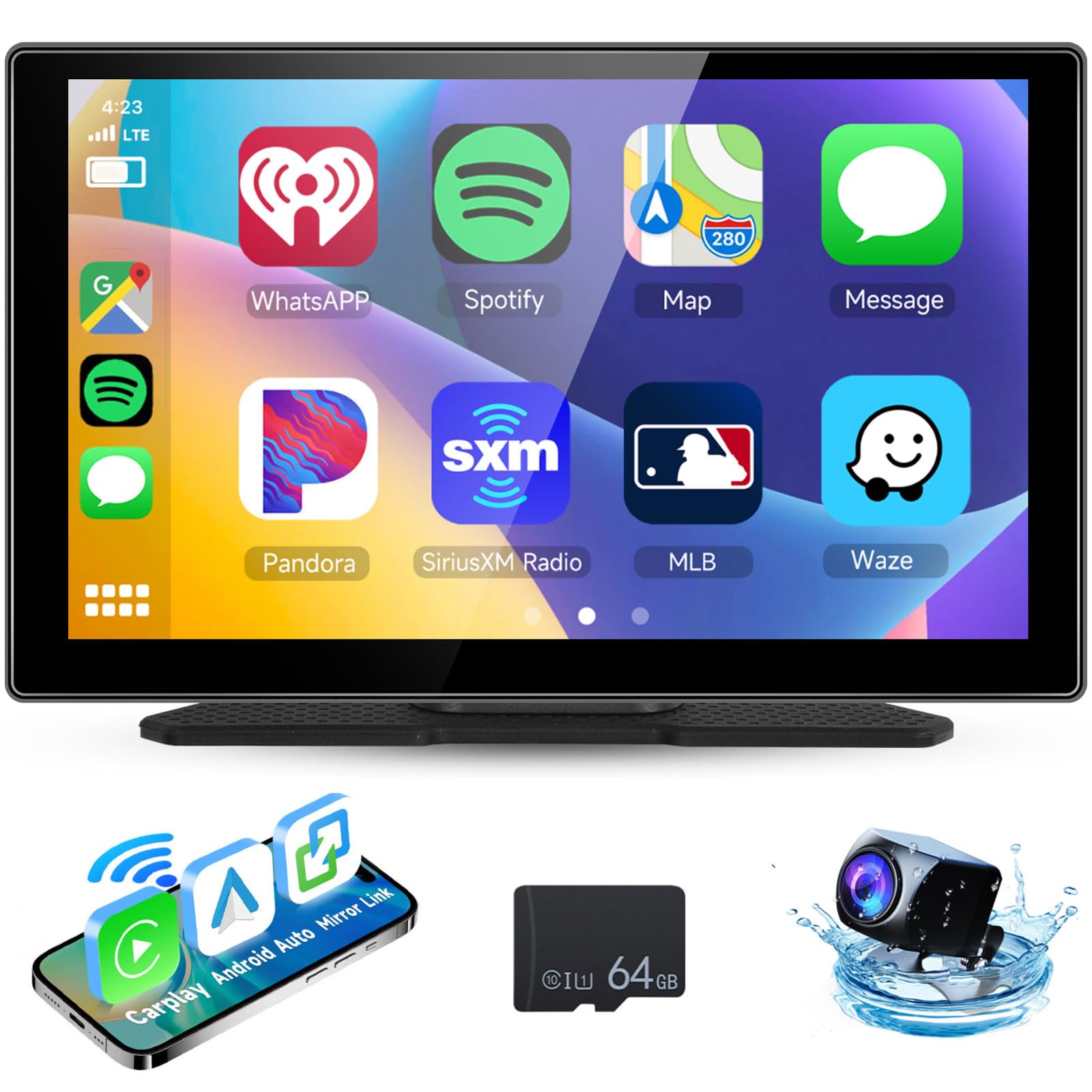 Pantalla CarPlay Android Auto Inalámbrica Airplay Mirror Link, Monitor Táctil 9 Pulgadas Display CarPlay Receptor Radio Coche con Bluetooth Manos Libres, AUX/FM/Tarjeta SD, Reproductor Multimedia