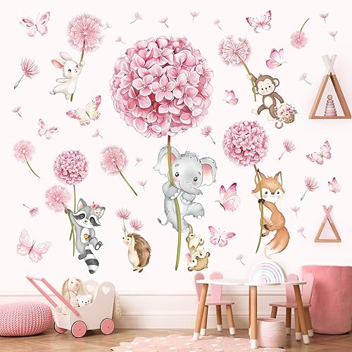 Miniatura 3 de decalmile Calcomanías de pared de diente de león rosa con diseño de animales del bosque, elefante, zorro, mono, calcomanías de pared para guardería,