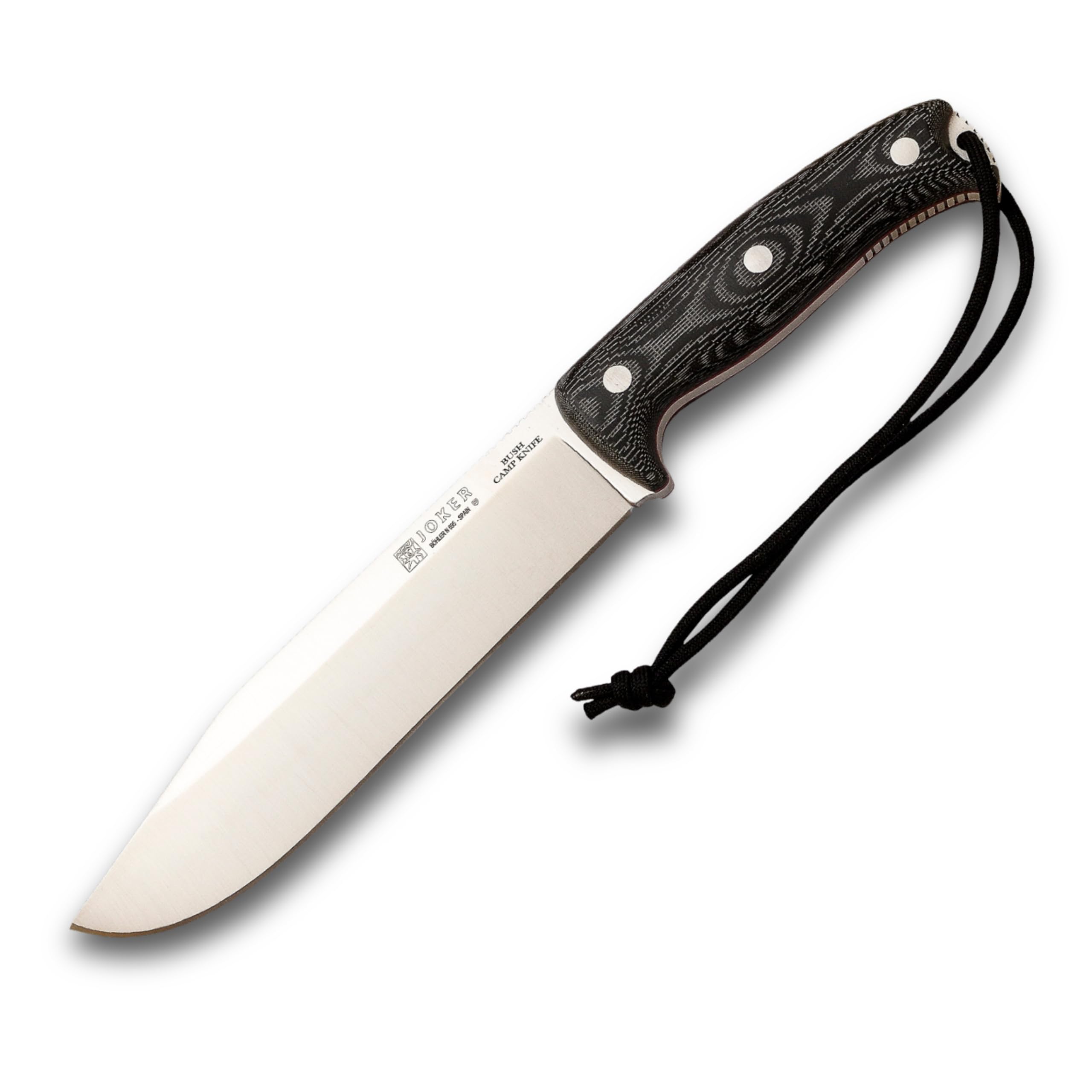 Joker CM146 Bush Camp Knife Survivalmesser 20 cm Böhler N695 Stahl, Full Tang Bushcraft Messer mit Micarta Griff, Lederscheide und Paracord 550, hergestellt in Albacete Spanien